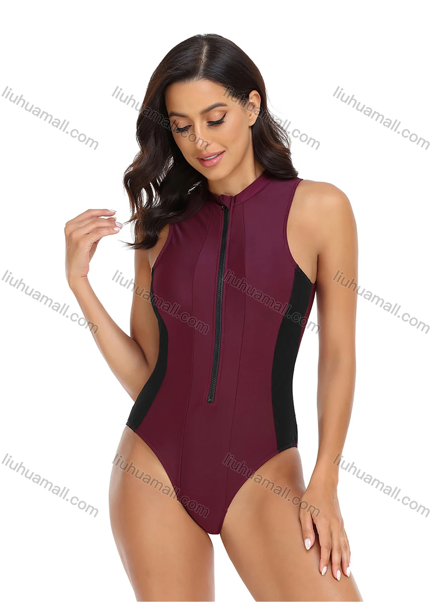 Wholesale Women's Sporty Colorblock Zip Front Sleeveless Surfing One Piece Swimsuit - Liuhuamall