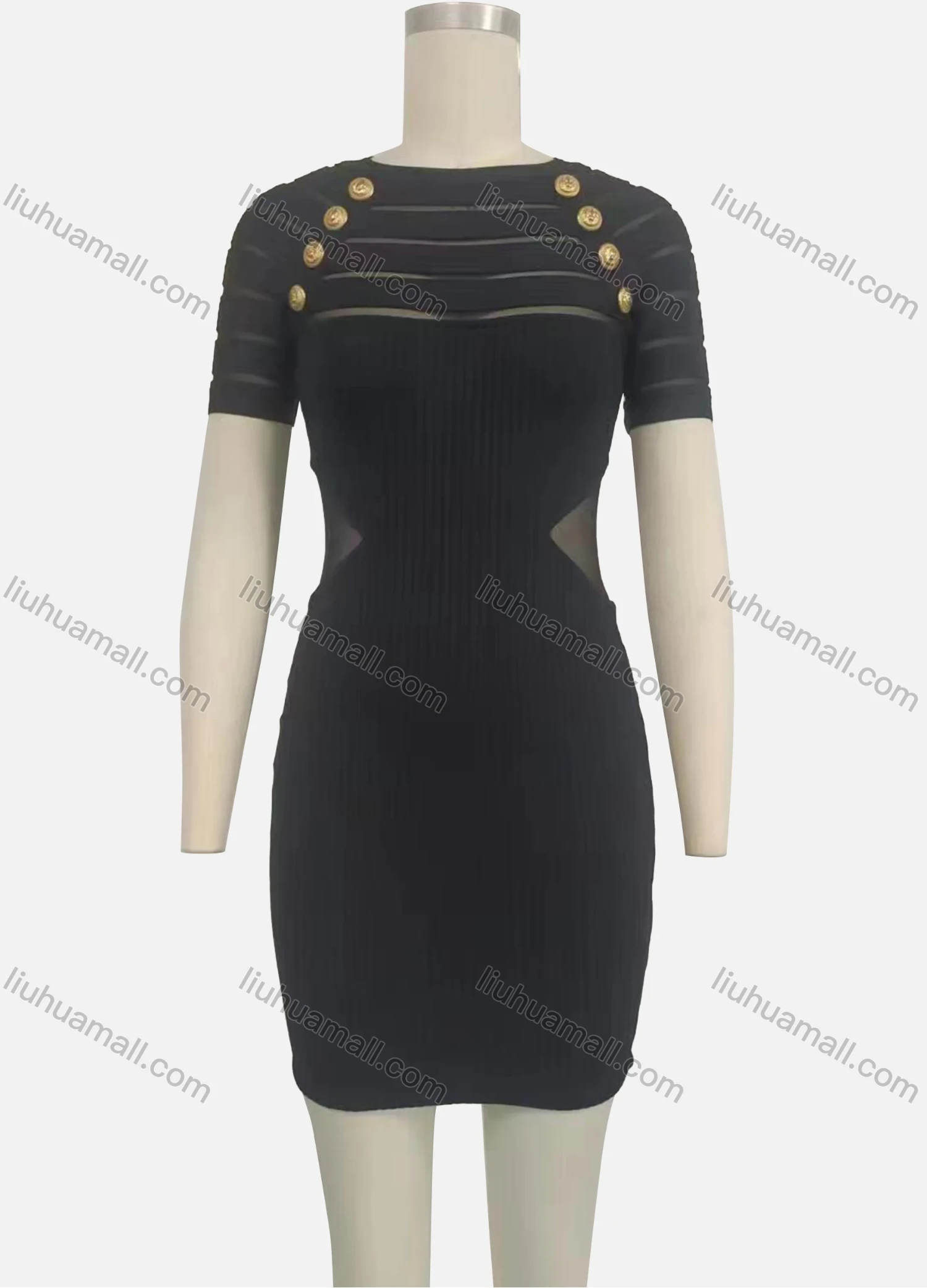 Wholesale Women's Cut Out Short Sleeve Crew Neck Button Decor Bodycon Short Sweater Dress - Liuhuamall