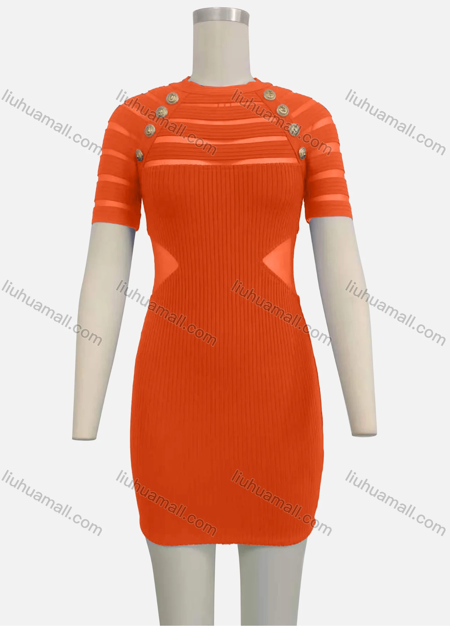 Wholesale Women's Cut Out Short Sleeve Crew Neck Button Decor Bodycon Short Sweater Dress - Liuhuamall