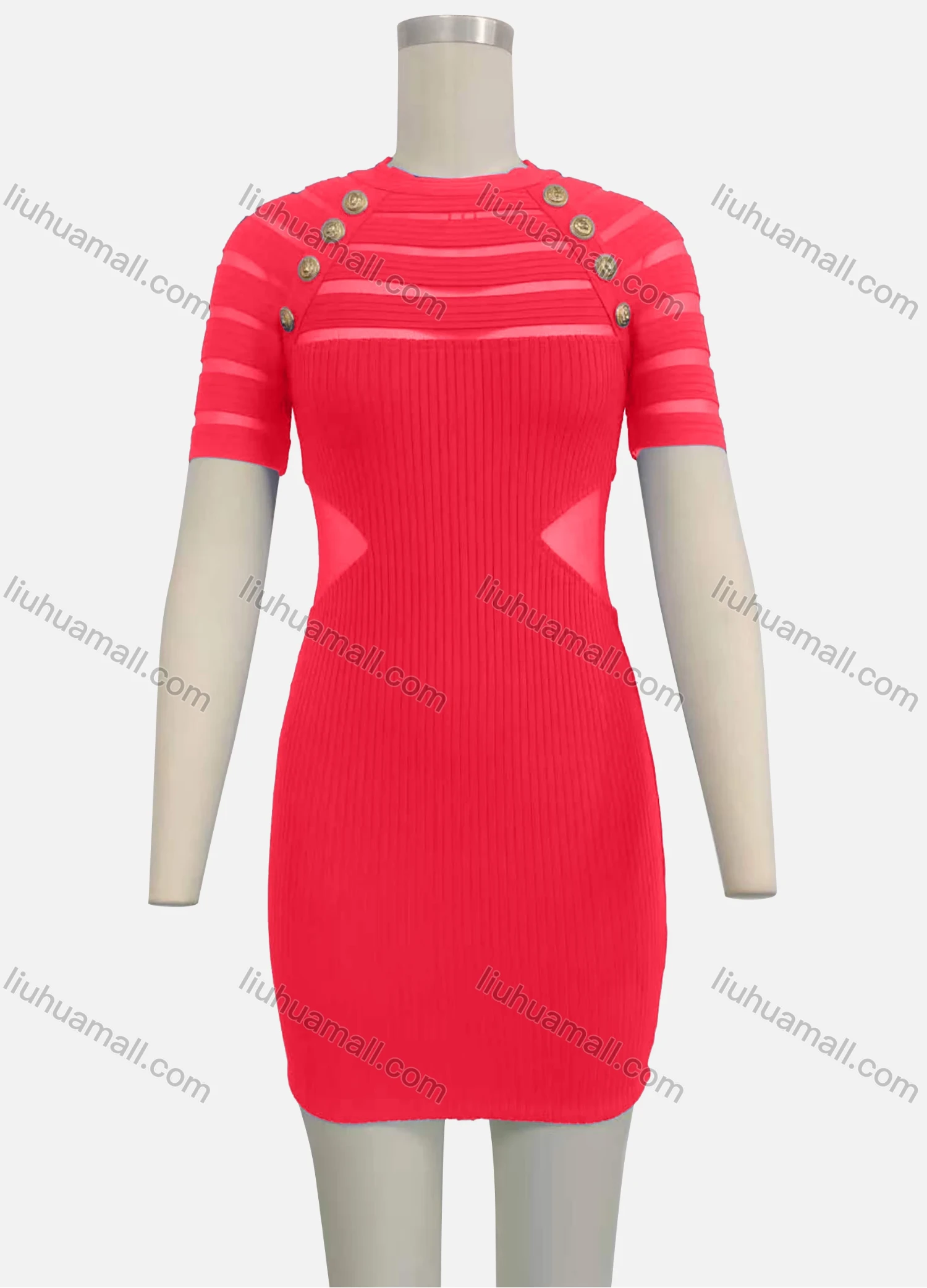Wholesale Women's Cut Out Short Sleeve Crew Neck Button Decor Bodycon Short Sweater Dress - Liuhuamall