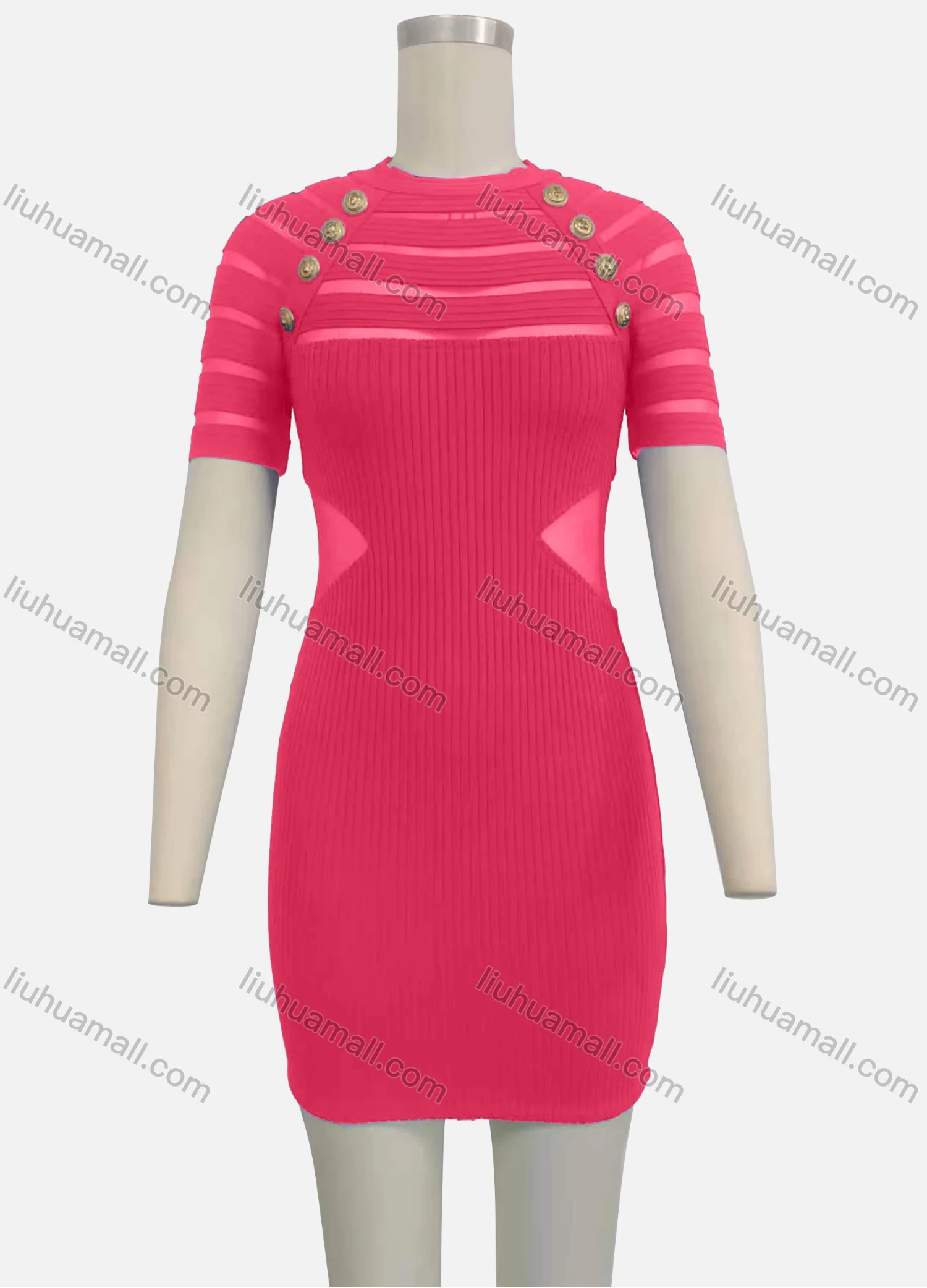 Wholesale Women's Cut Out Short Sleeve Crew Neck Button Decor Bodycon Short Sweater Dress - Liuhuamall