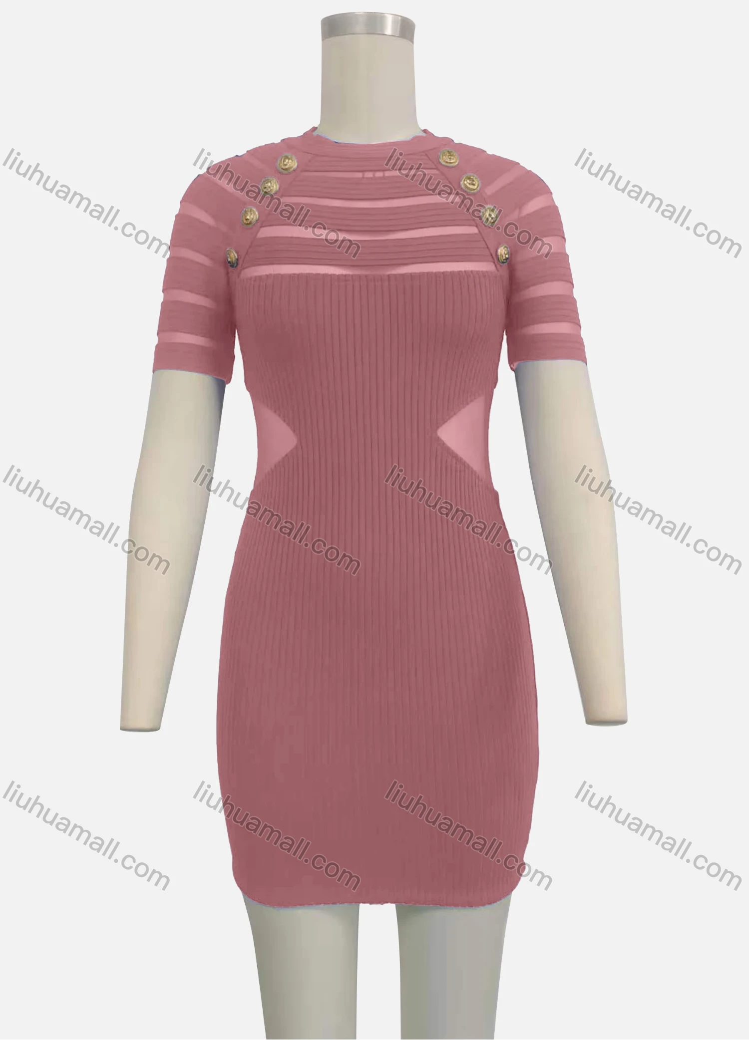 Wholesale Women's Cut Out Short Sleeve Crew Neck Button Decor Bodycon Short Sweater Dress - Liuhuamall