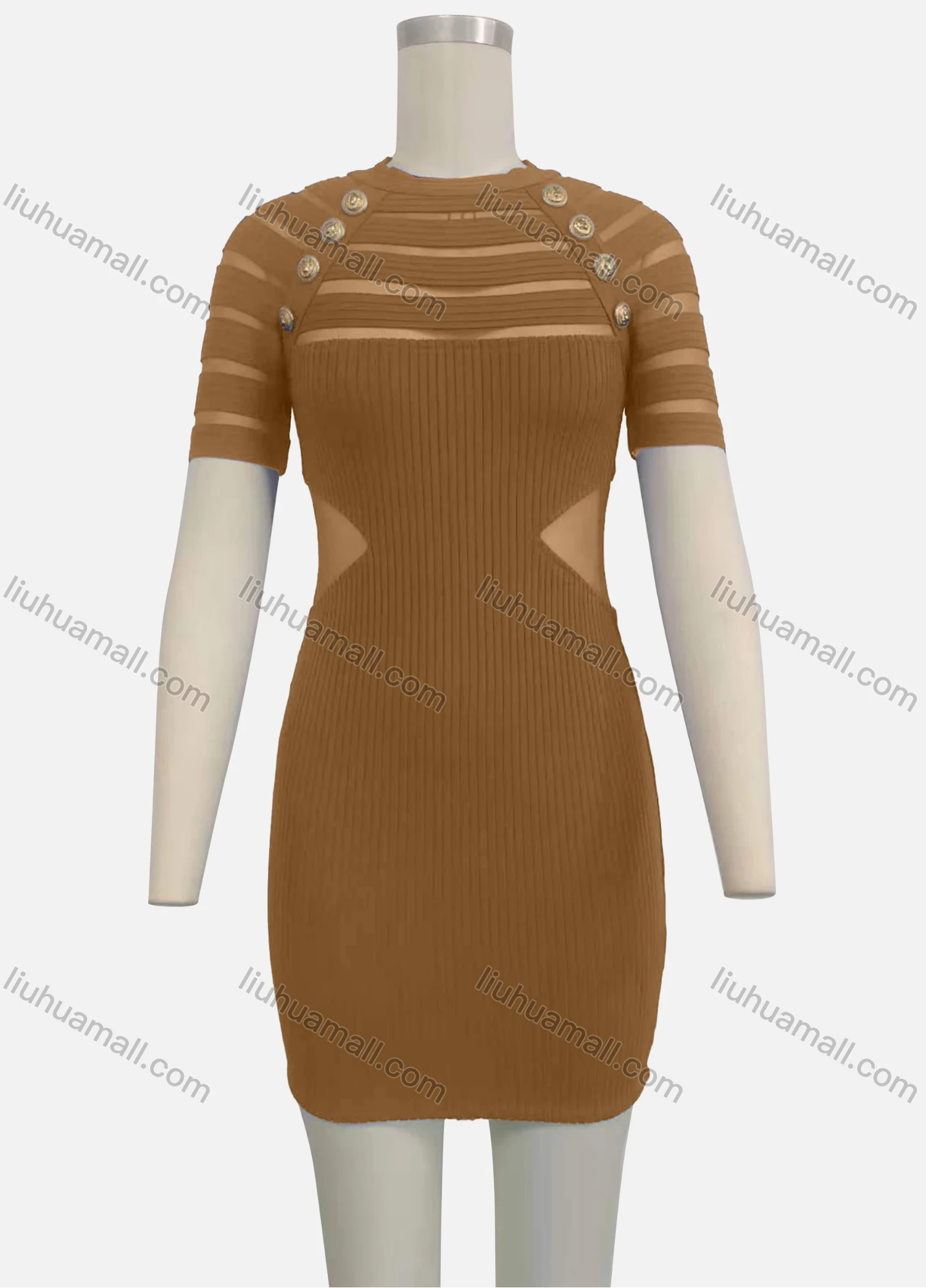 Wholesale Women's Cut Out Short Sleeve Crew Neck Button Decor Bodycon Short Sweater Dress - Liuhuamall