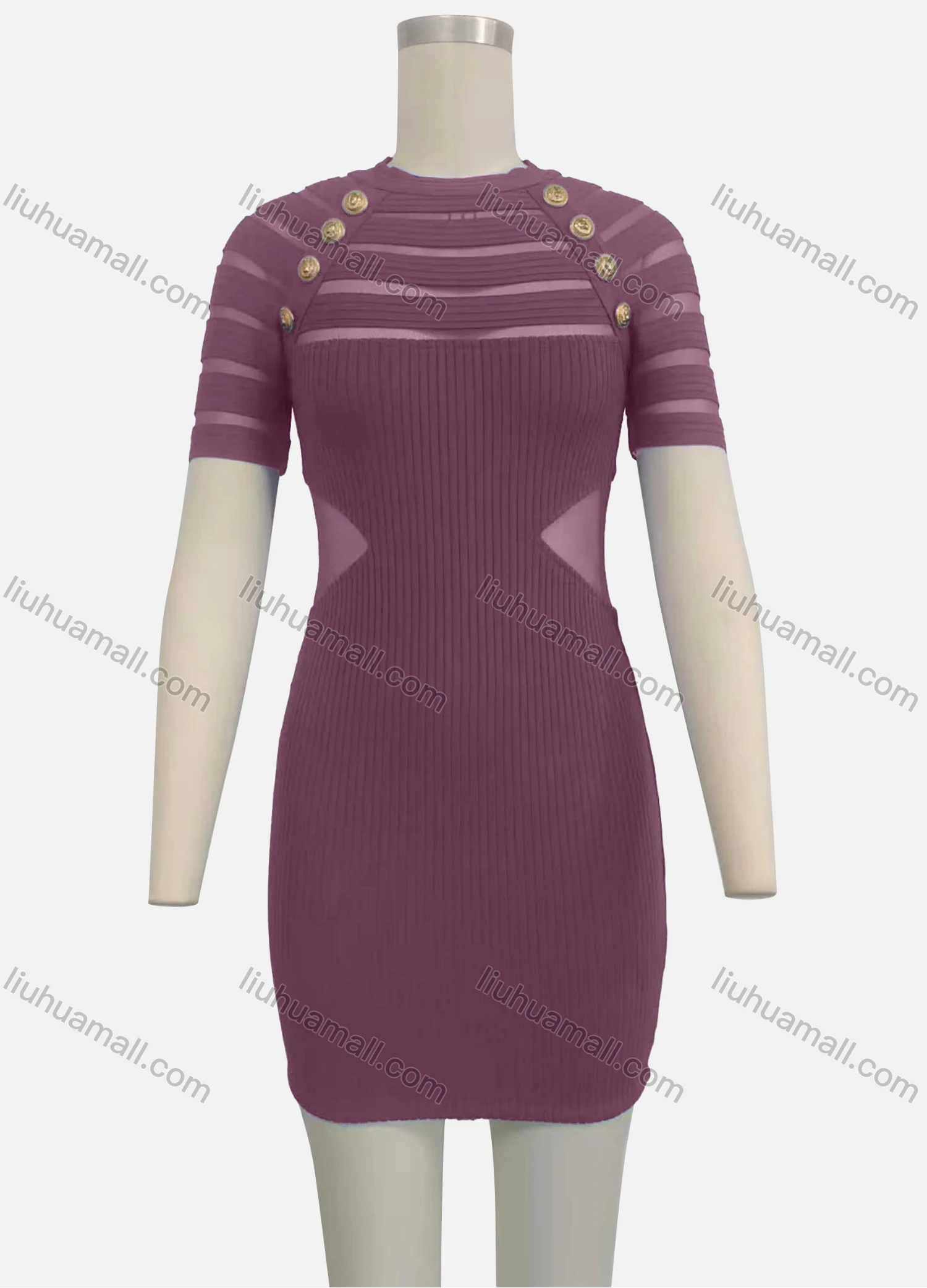 Wholesale Women's Cut Out Short Sleeve Crew Neck Button Decor Bodycon Short Sweater Dress - Liuhuamall