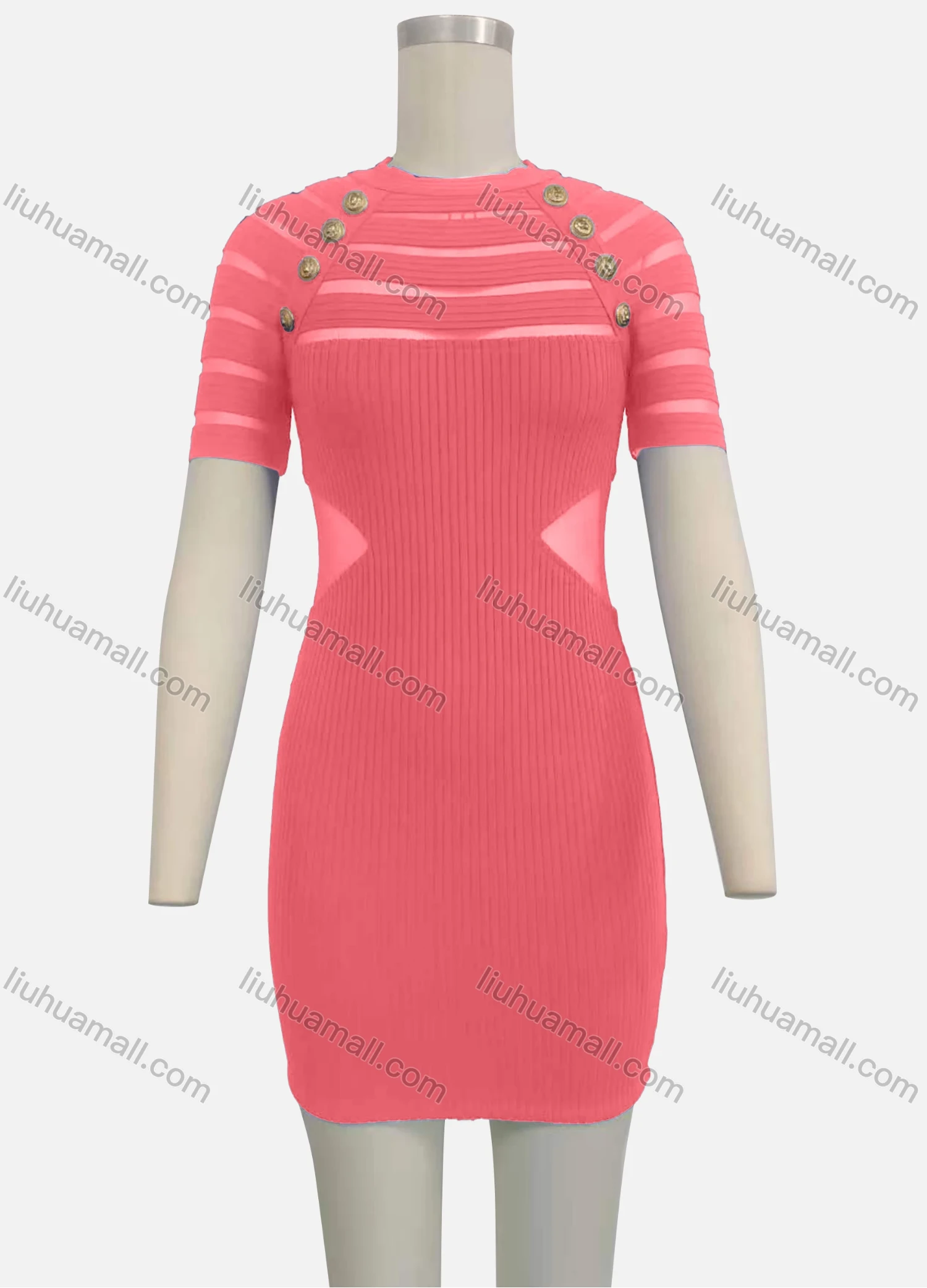 Wholesale Women's Cut Out Short Sleeve Crew Neck Button Decor Bodycon Short Sweater Dress - Liuhuamall