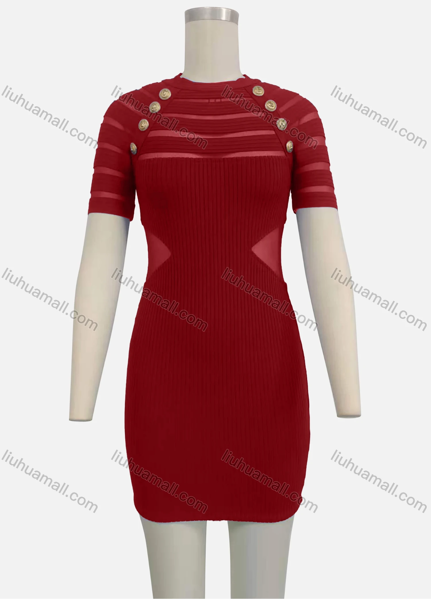 Wholesale Women's Cut Out Short Sleeve Crew Neck Button Decor Bodycon Short Sweater Dress - Liuhuamall