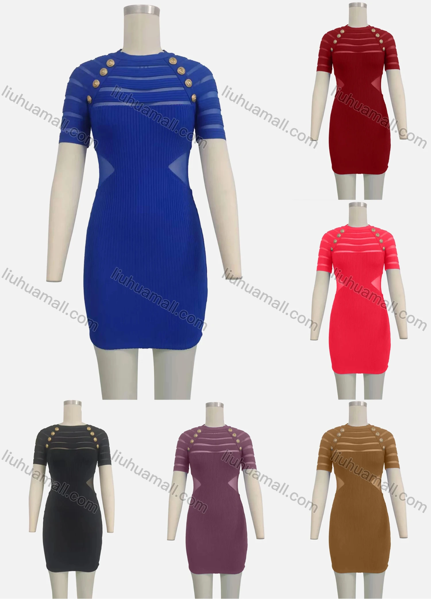 Wholesale Women's Cut Out Short Sleeve Crew Neck Button Decor Bodycon Short Sweater Dress - Liuhuamall