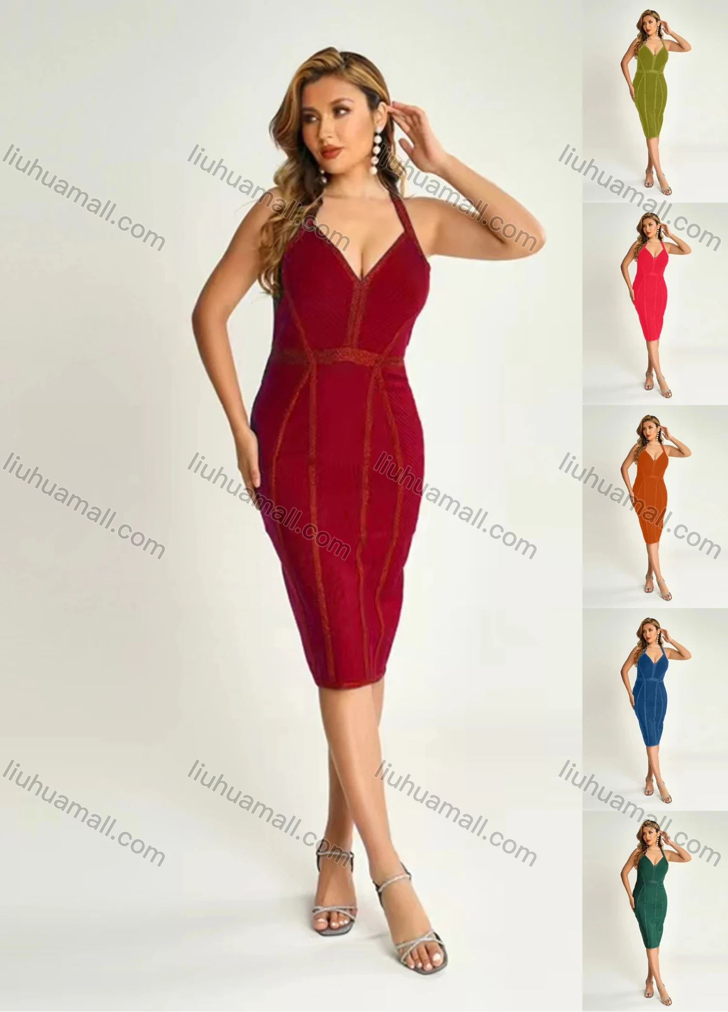 Wholesale Women's Sexy Plain Slim Fit Halter Slit Bodycon Midi Dress - Liuhuamall