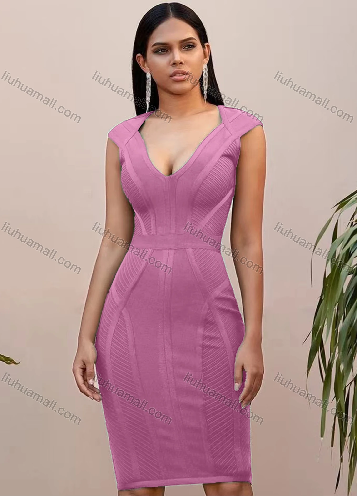 Wholesale Women's Casual Plain Deep V Neck Sleeveless Bodycon Knee Length Tank Dress - Liuhuamall