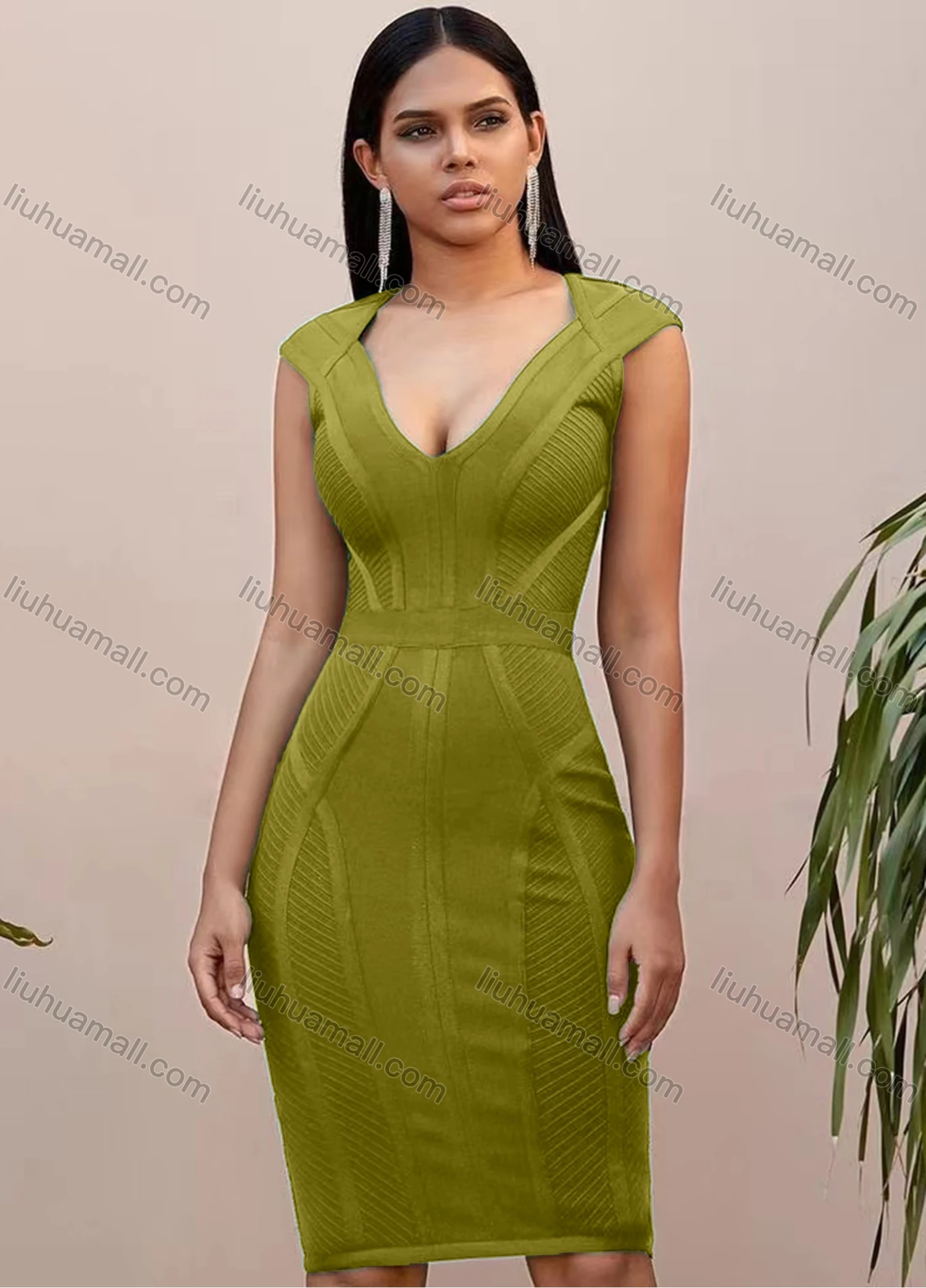 Wholesale Women's Casual Plain Deep V Neck Sleeveless Bodycon Knee Length Tank Dress - Liuhuamall