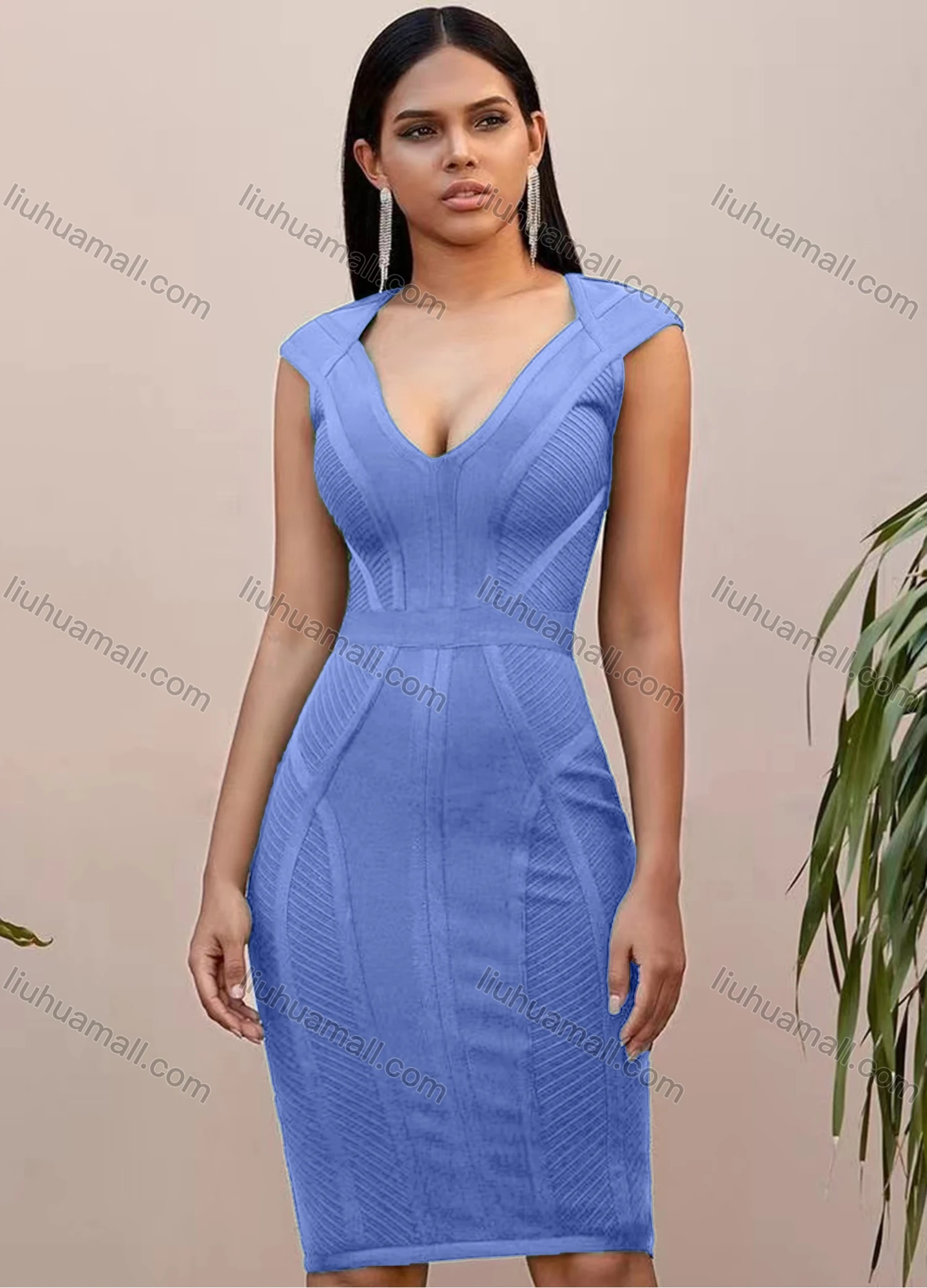 Wholesale Women's Casual Plain Deep V Neck Sleeveless Bodycon Knee Length Tank Dress - Liuhuamall