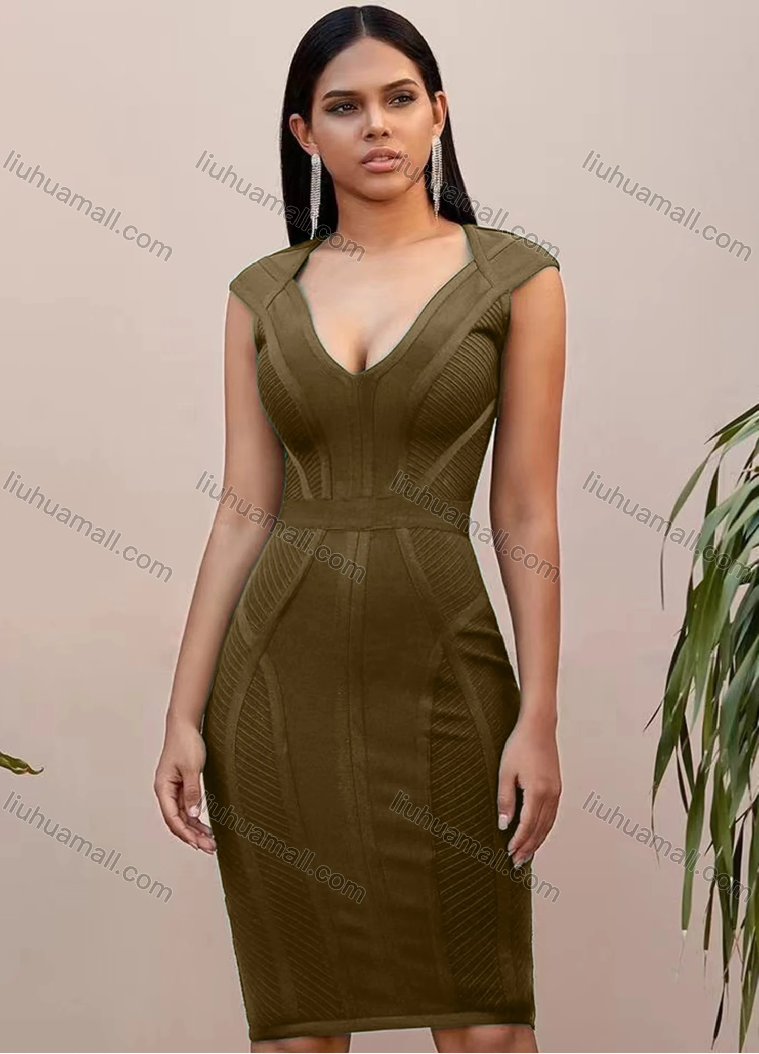 Wholesale Women's Casual Plain Deep V Neck Sleeveless Bodycon Knee Length Tank Dress - Liuhuamall