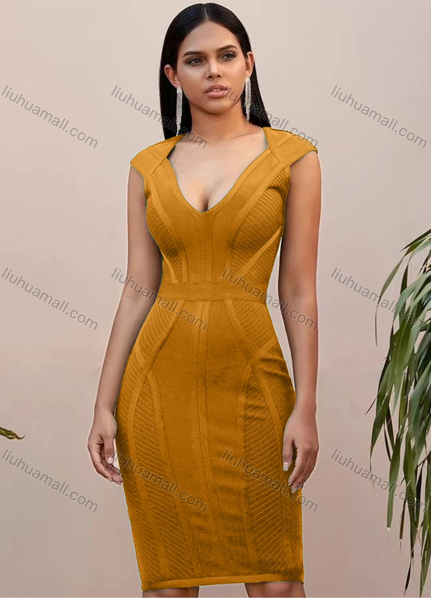 Wholesale Women's Casual Plain Deep V Neck Sleeveless Bodycon Knee Length Tank Dress - Liuhuamall