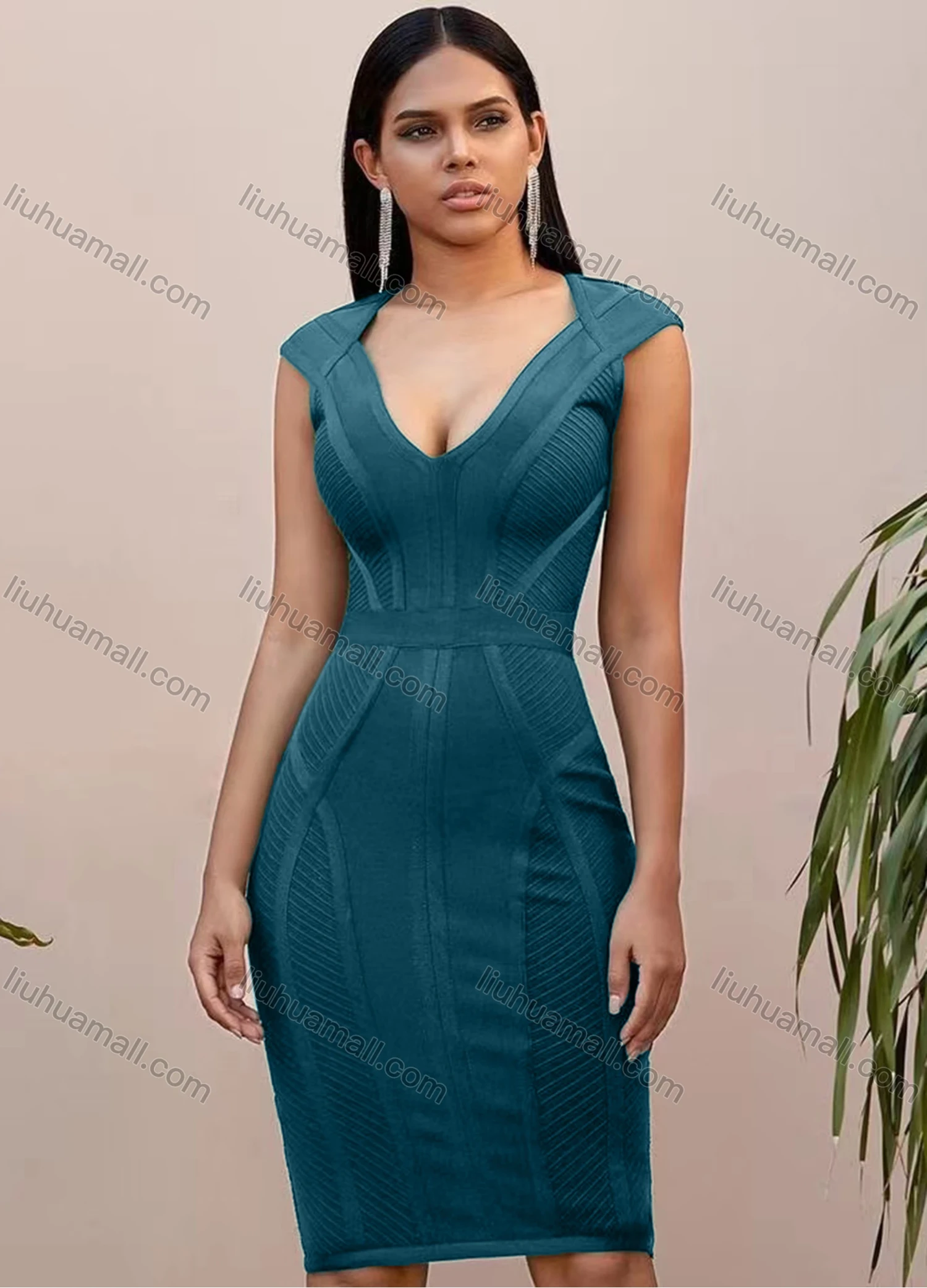 Wholesale Women's Casual Plain Deep V Neck Sleeveless Bodycon Knee Length Tank Dress - Liuhuamall