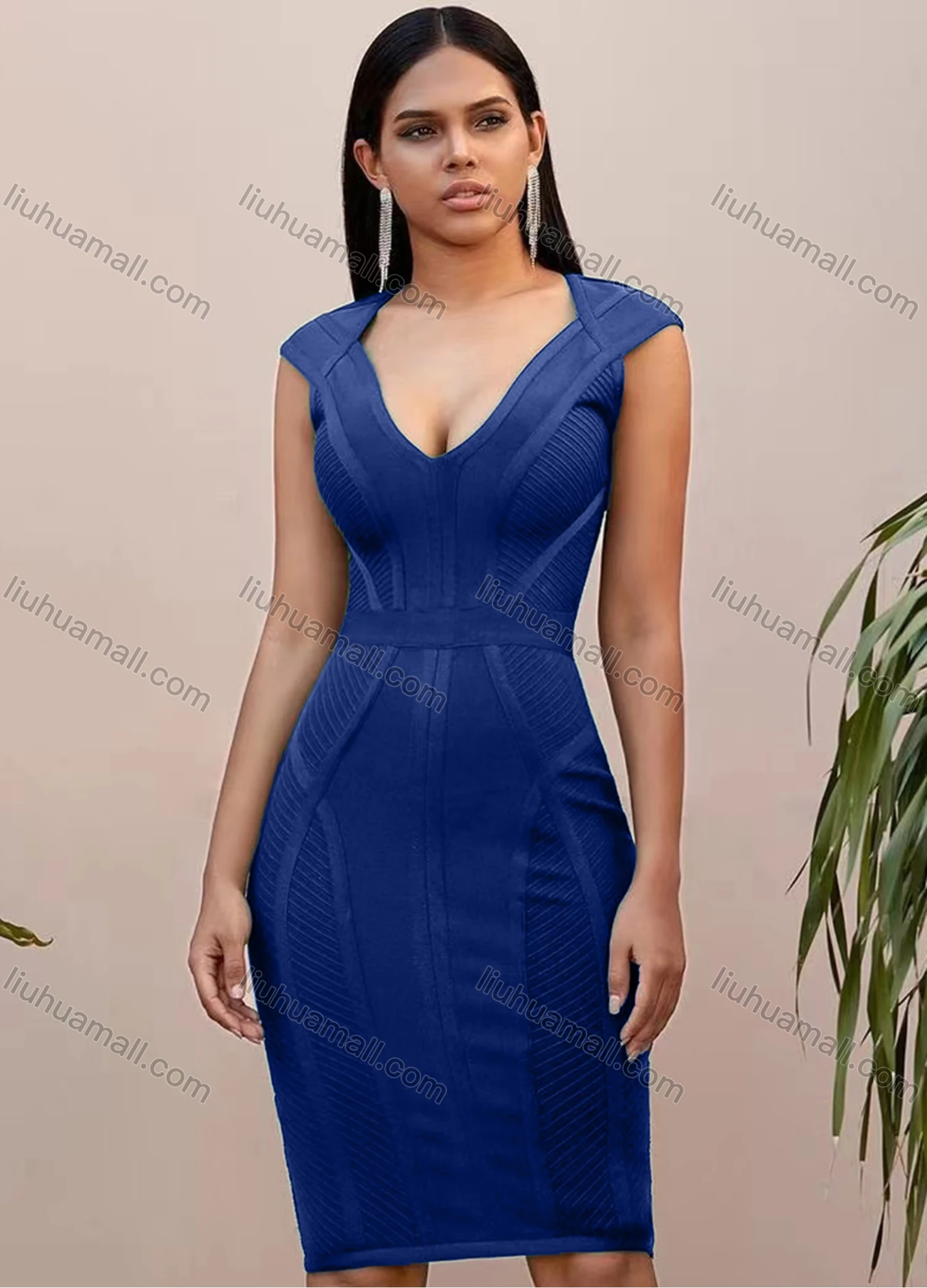 Wholesale Women's Casual Plain Deep V Neck Sleeveless Bodycon Knee Length Tank Dress - Liuhuamall