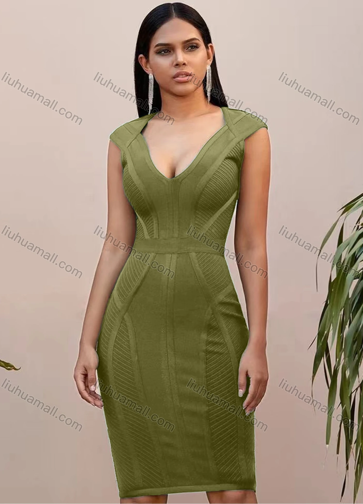 Wholesale Women's Casual Plain Deep V Neck Sleeveless Bodycon Knee Length Tank Dress - Liuhuamall