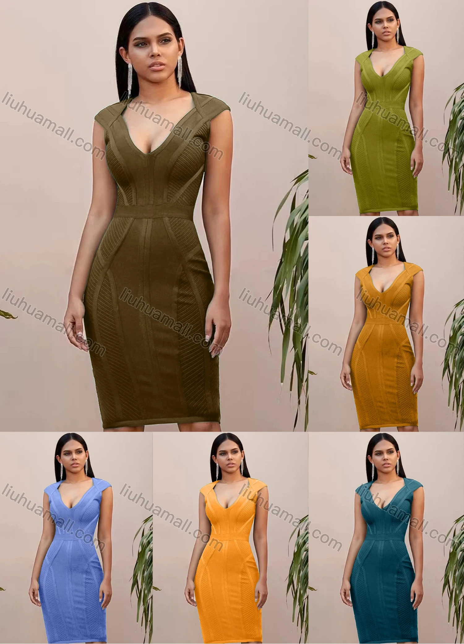 Wholesale Women's Casual Plain Deep V Neck Sleeveless Bodycon Knee Length Tank Dress - Liuhuamall