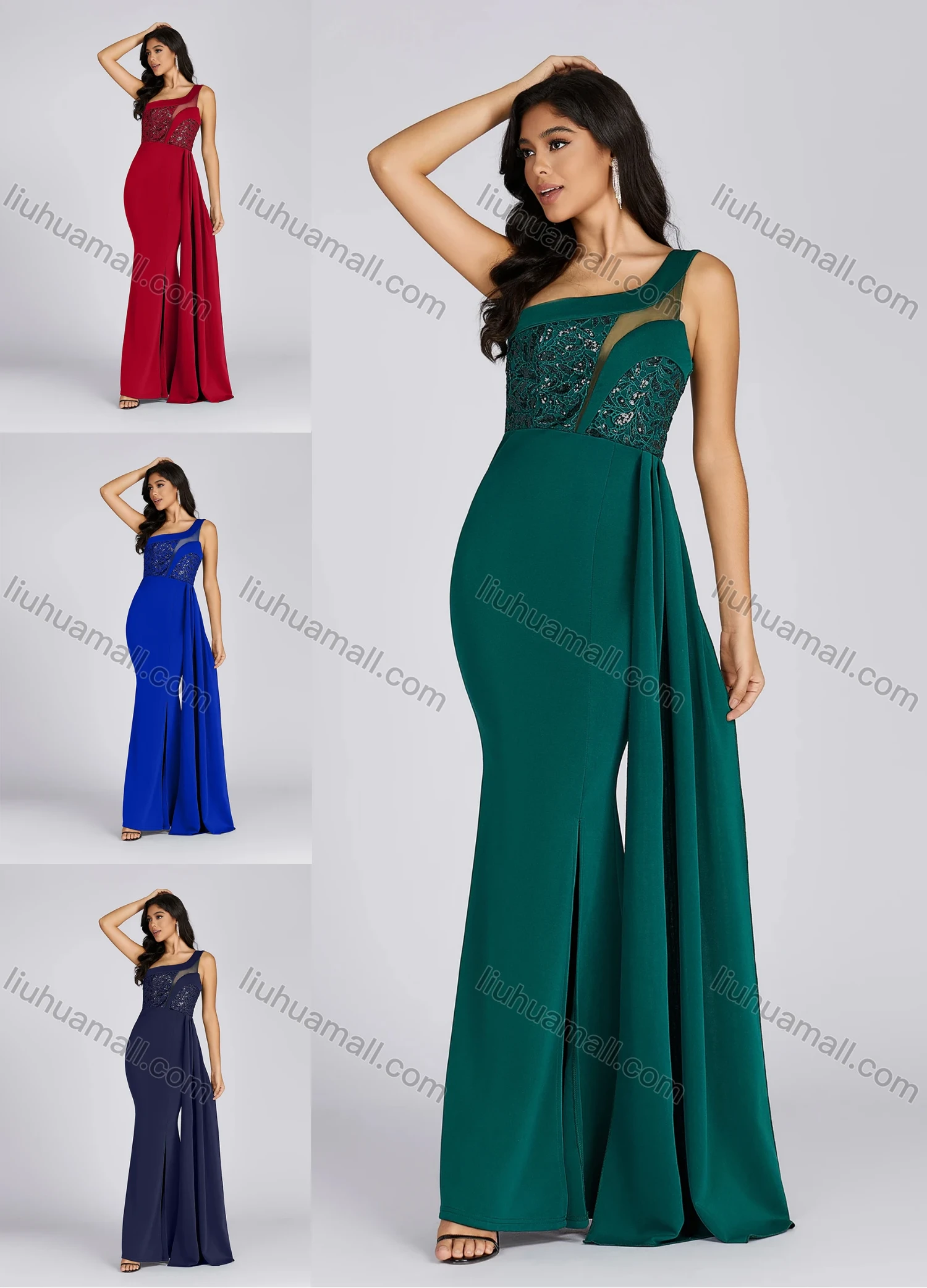 Wholesale Women's Glamorous One Shoulder Sequin Side Slit Maxi Evening Dress 5017# - Liuhuamall