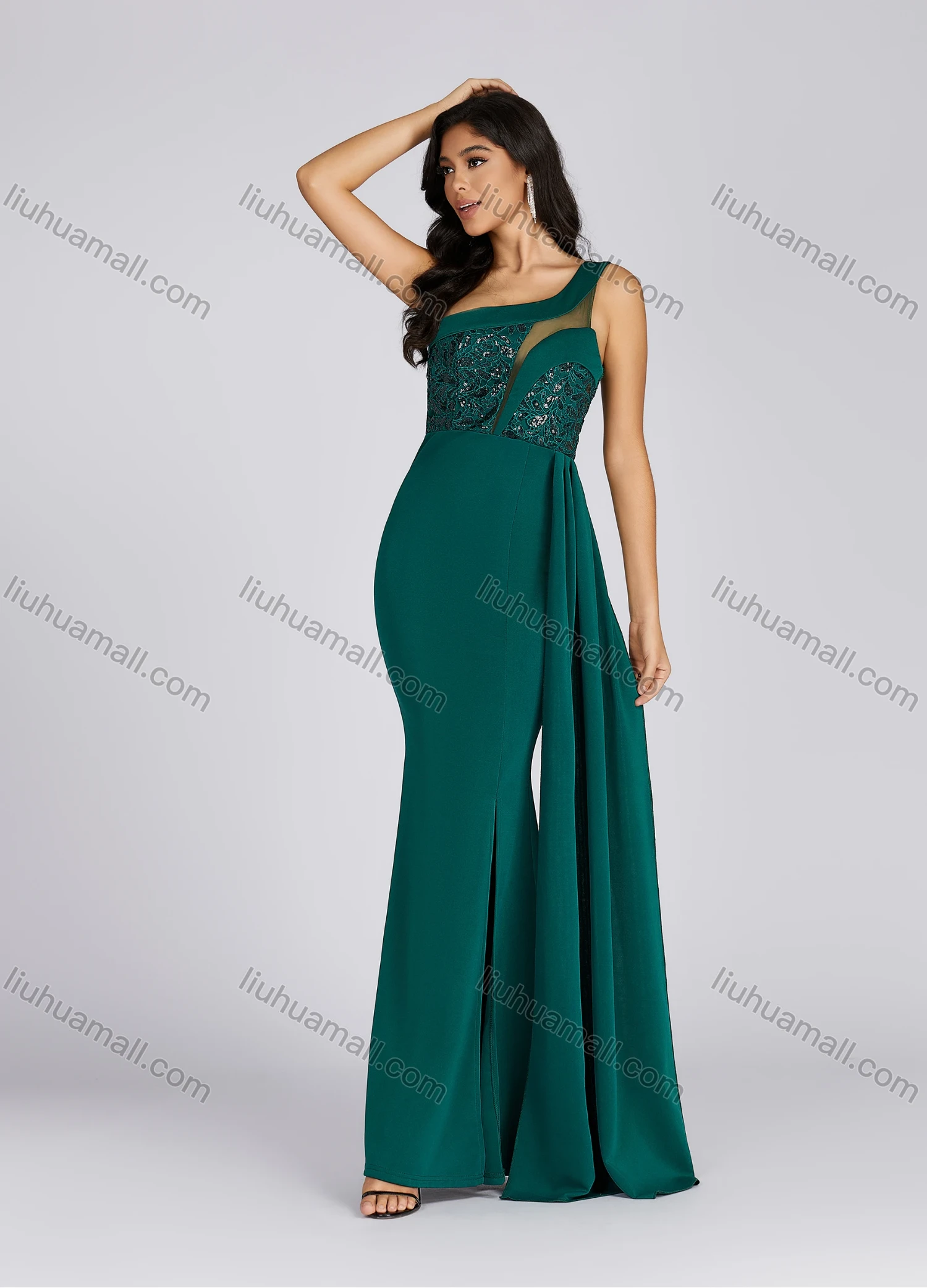 Wholesale Women's Glamorous One Shoulder Sequin Side Slit Maxi Evening Dress 5017# - Liuhuamall