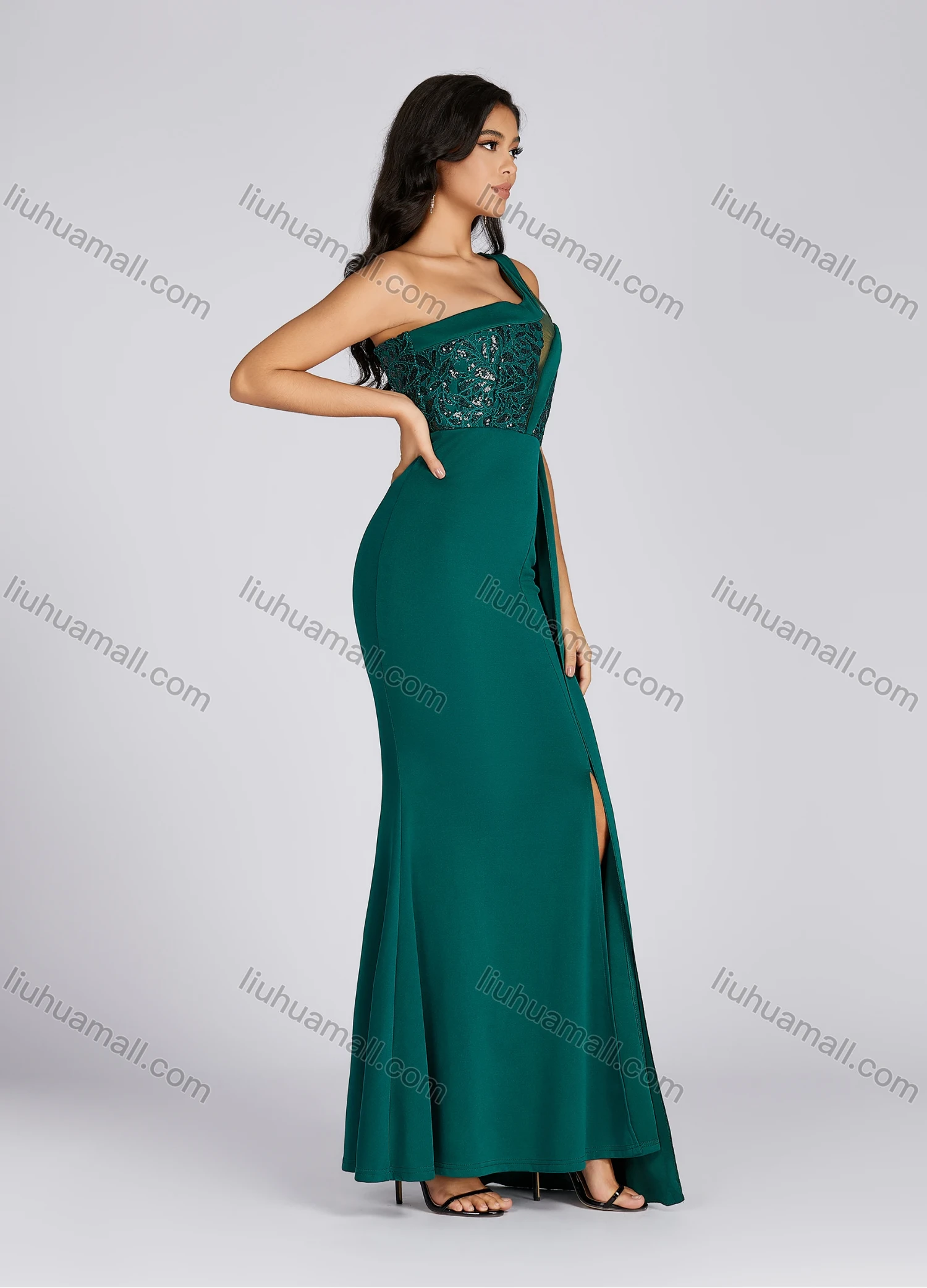Wholesale Women's Glamorous One Shoulder Sequin Side Slit Maxi Evening Dress 5017# - Liuhuamall