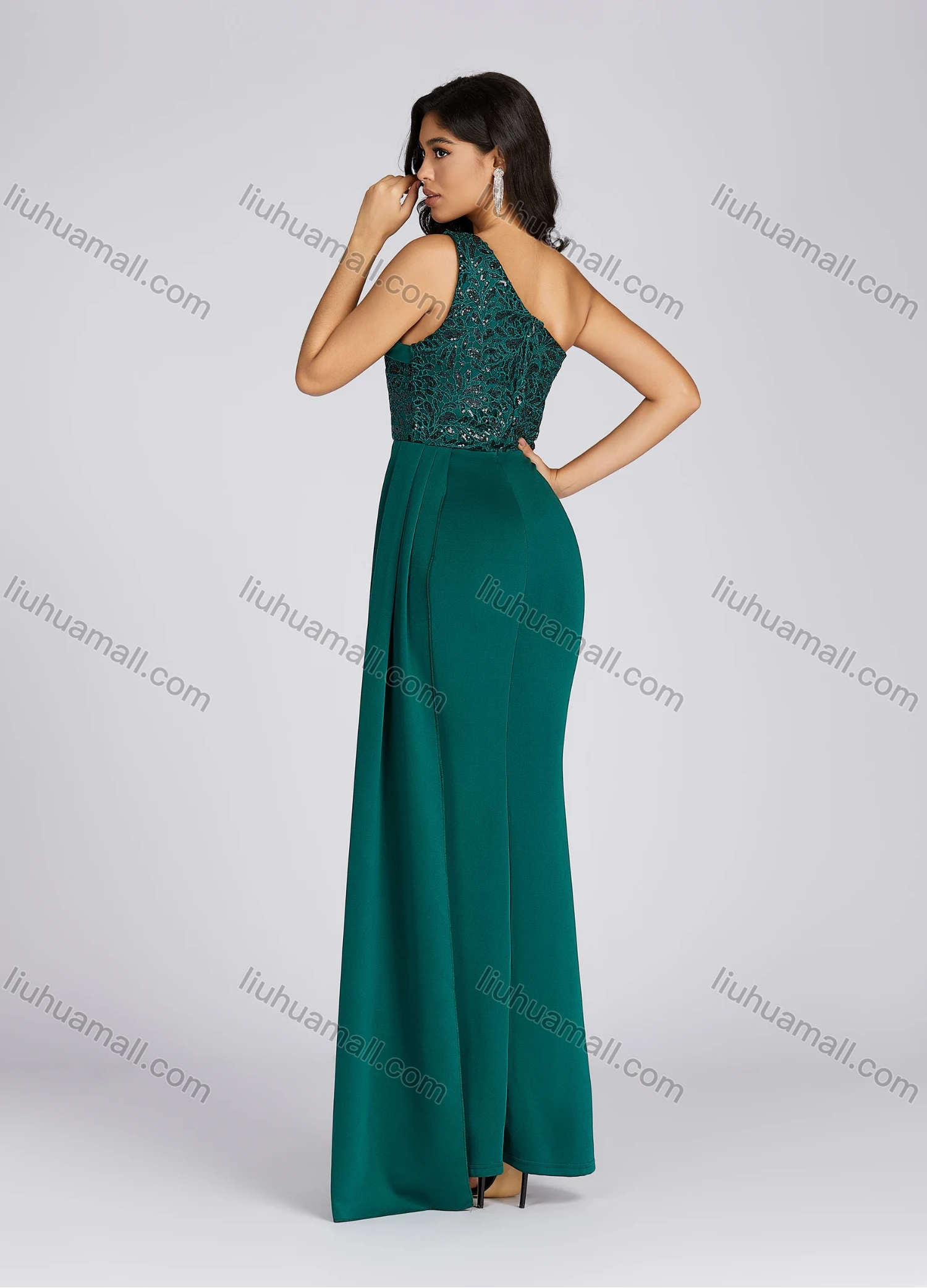 Wholesale Women's Glamorous One Shoulder Sequin Side Slit Maxi Evening Dress 5017# - Liuhuamall