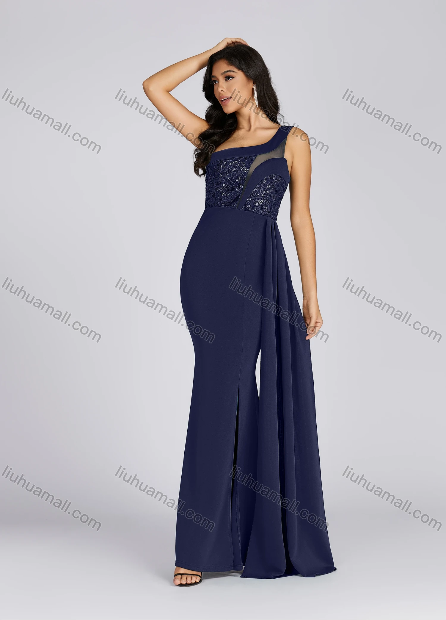 Wholesale Women's Glamorous One Shoulder Sequin Side Slit Maxi Evening Dress 5017# - Liuhuamall