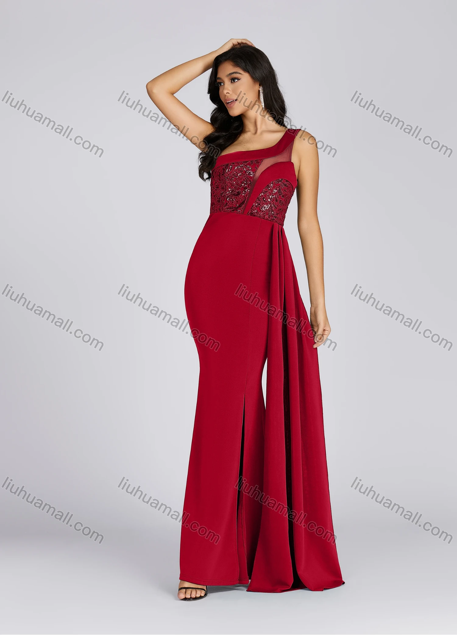Wholesale Women's Glamorous One Shoulder Sequin Side Slit Maxi Evening Dress 5017# - Liuhuamall