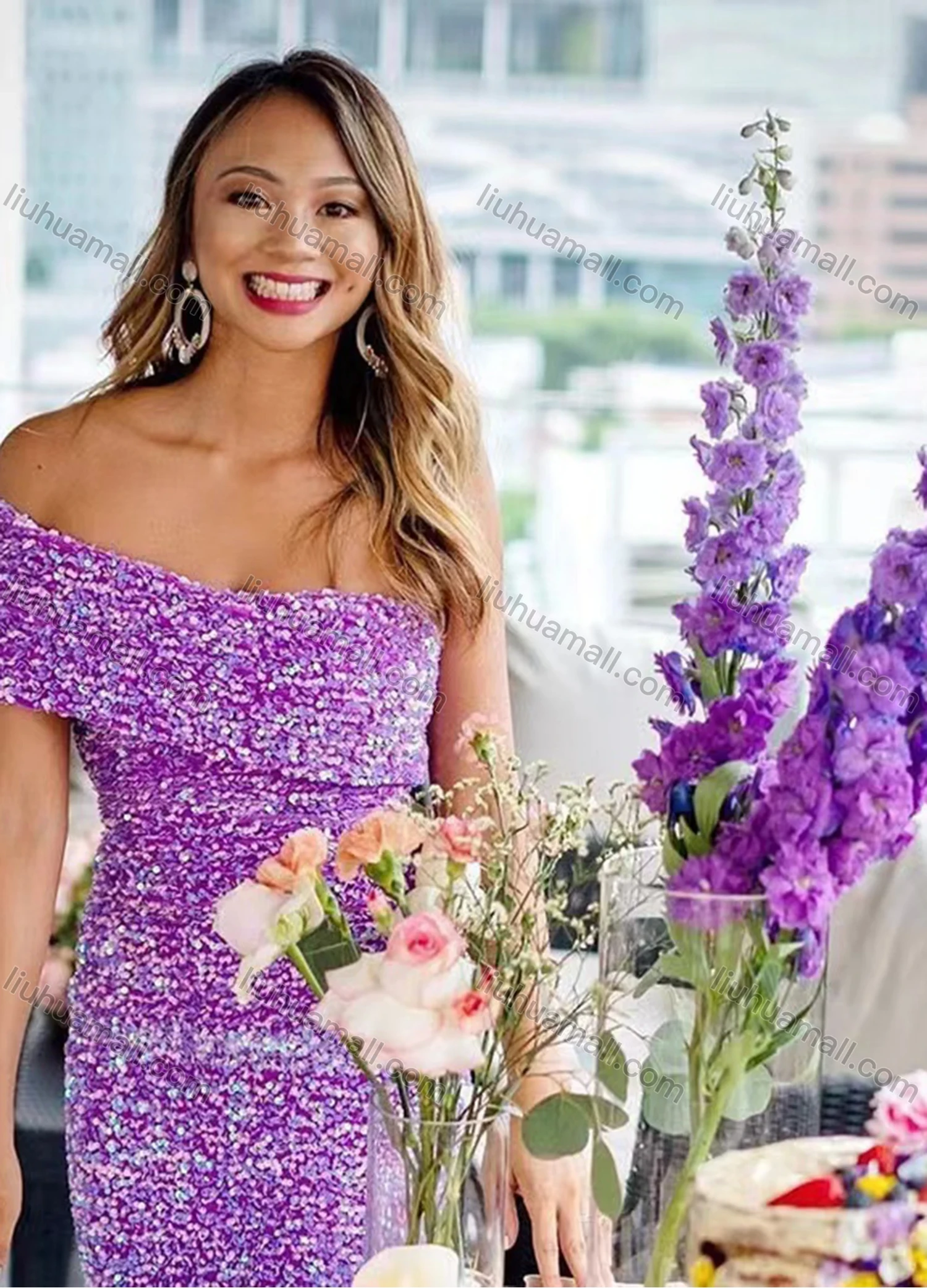 Wholesale Women's Glamorous Off Shoulder Sequin Bodycon Short Dress - Liuhuamall