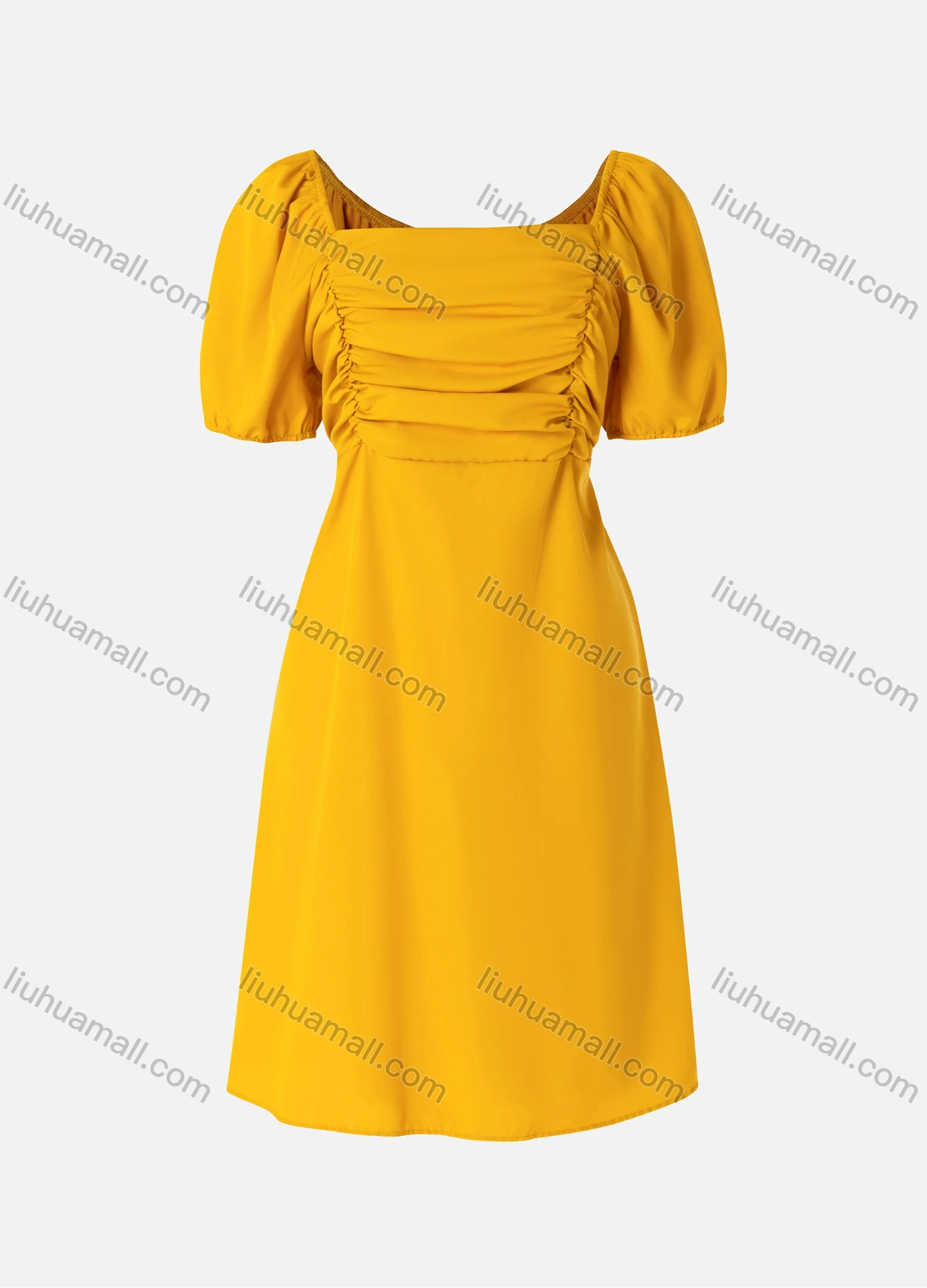 Wholesale Women's Elegant Plain Square Neck Short Sleeve Ruched Midi Dress 0584# - Liuhuamall