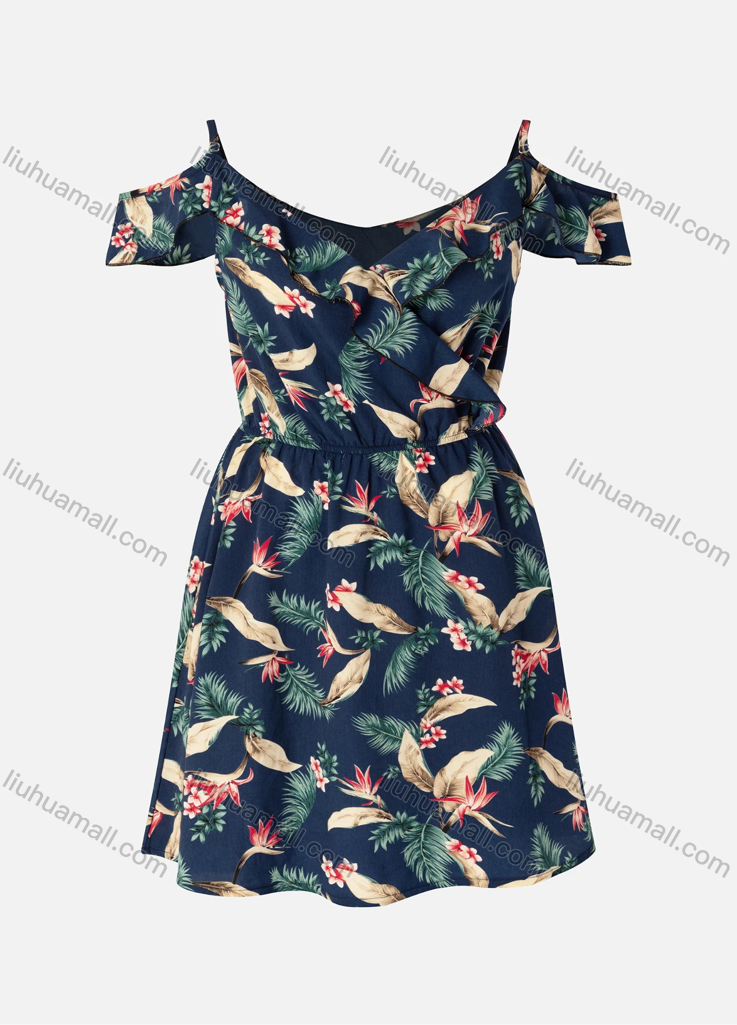 Wholesale Women's Elegant Allover Leaf Print Wrap V Neck Cold Shoulder Ruched Ruffle Trim Short Dress 0585# - Liuhuamall