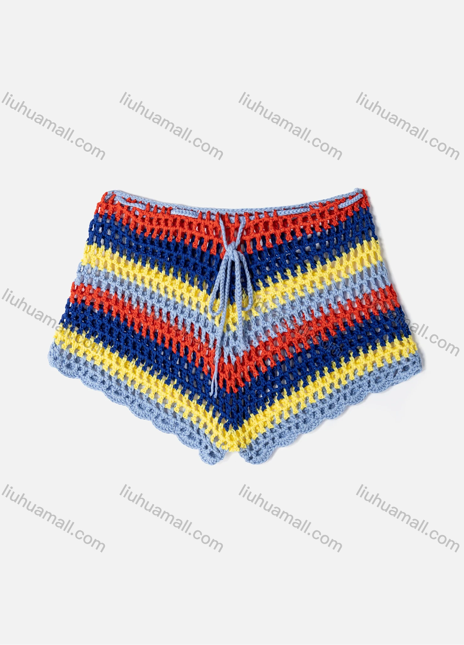 Wholesale Women's Vacation Hollow Out Semi-Sheer Drawstring Striped Colorblock Shorts J2443A# - Liuhuamall