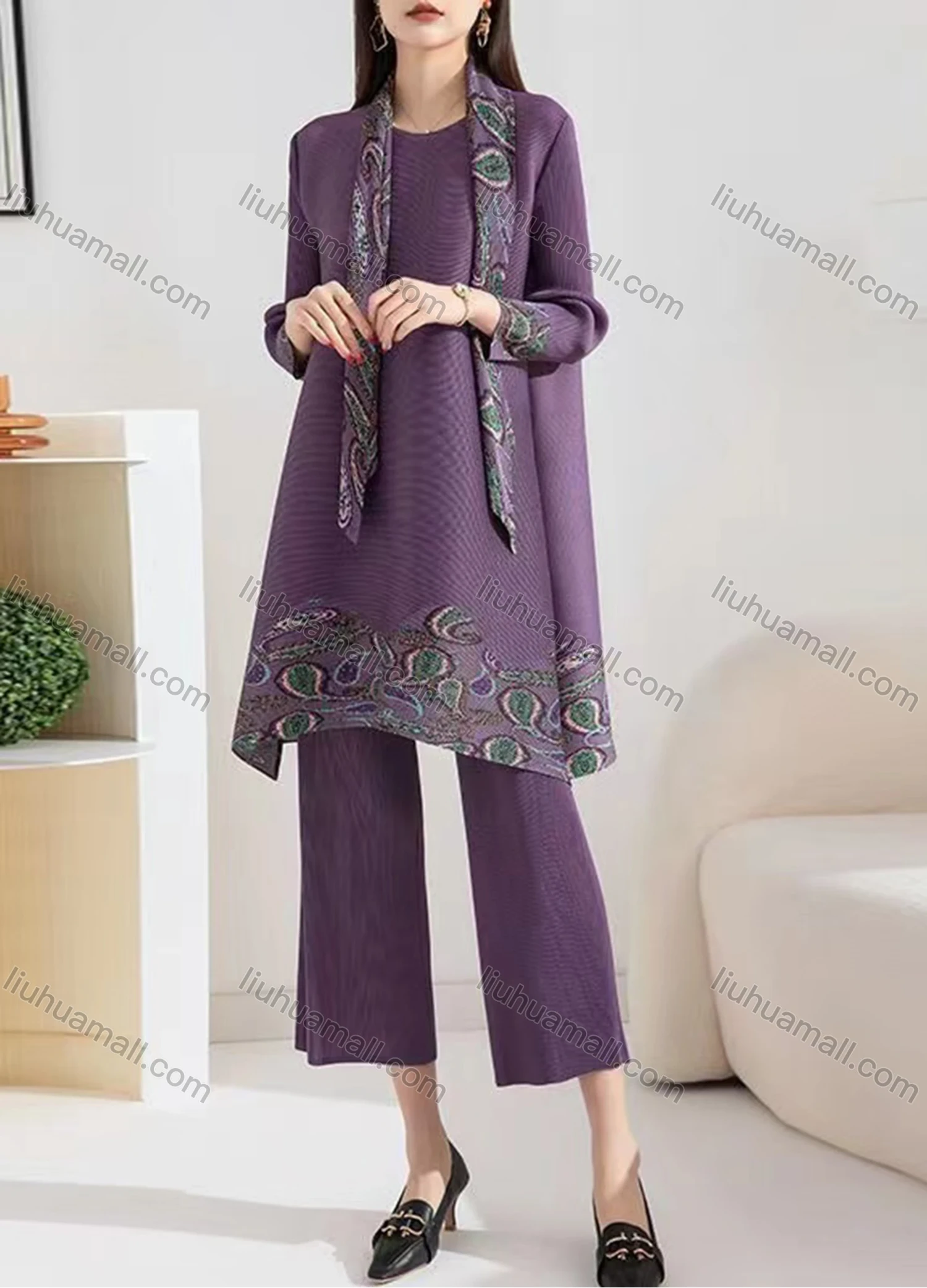 Wholesale Women's Casual Paisley Print Round Neck Long Sleeve Tunics With Silk Scarf & Wide Leg Pants 2 Piece Set - Liuhuamall