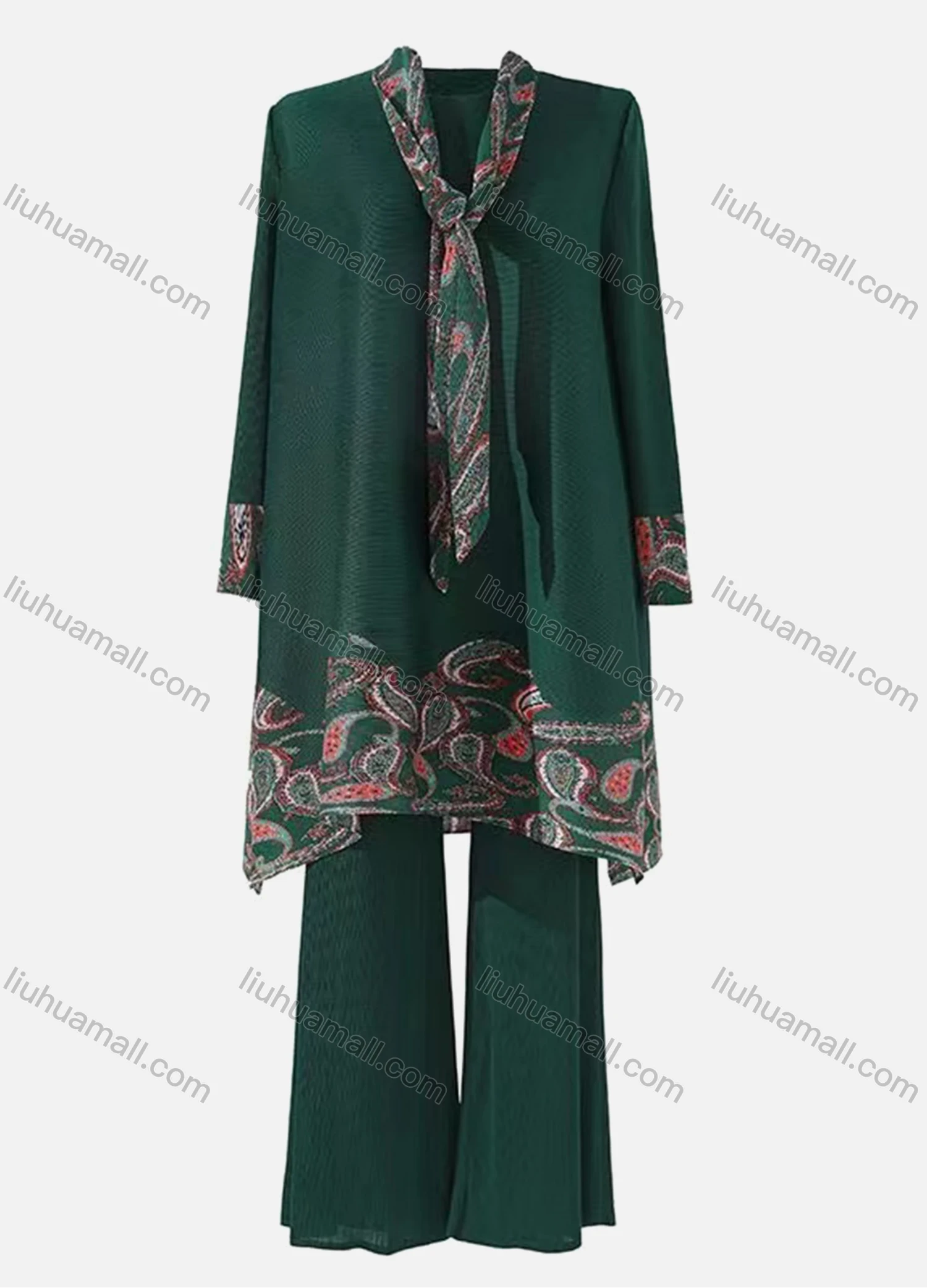 Wholesale Women's Casual Paisley Print Round Neck Long Sleeve Tunics With Silk Scarf & Wide Leg Pants 2 Piece Set - Liuhuamall