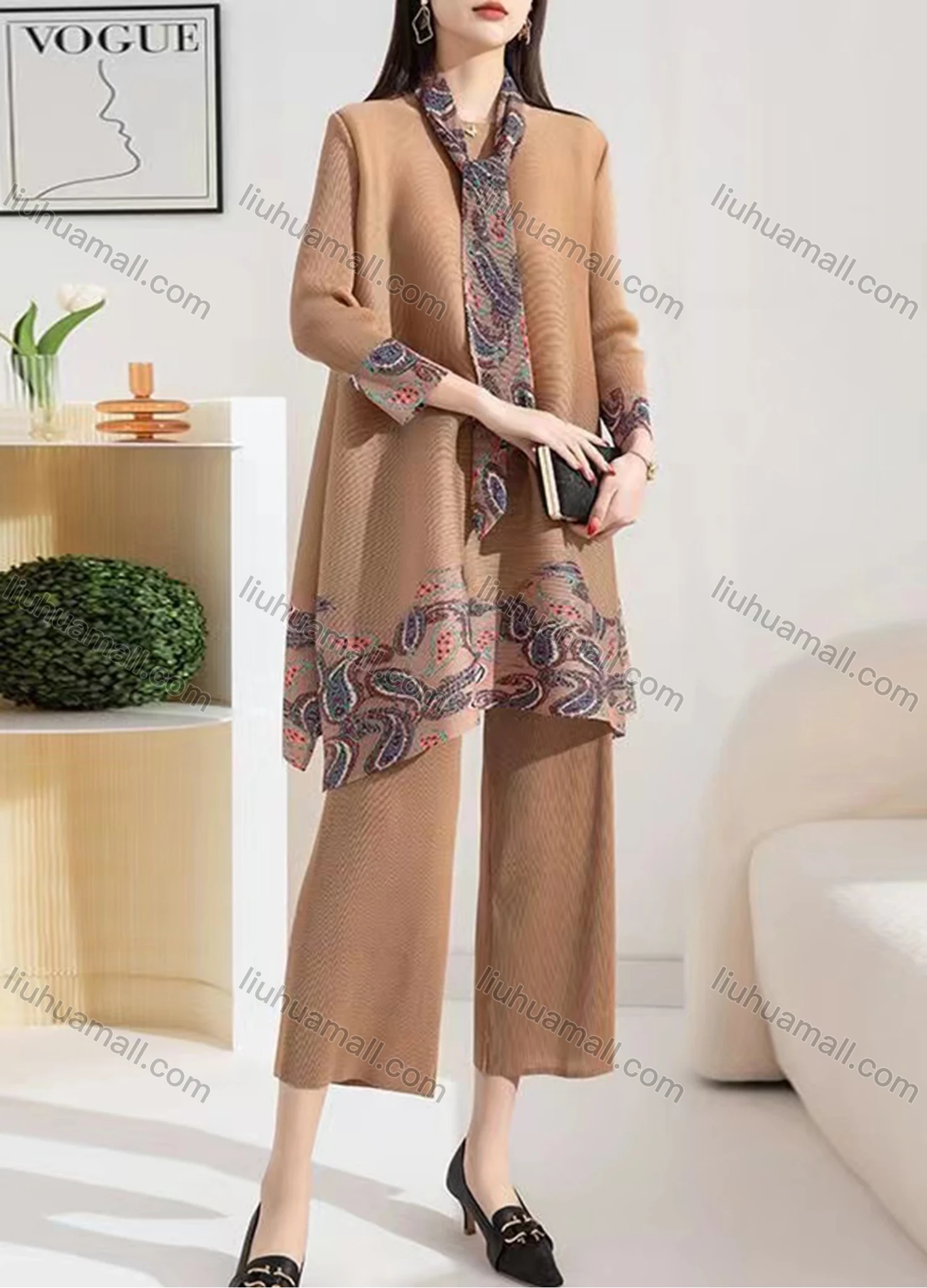 Wholesale Women's Casual Paisley Print Round Neck Long Sleeve Tunics With Silk Scarf & Wide Leg Pants 2 Piece Set - Liuhuamall