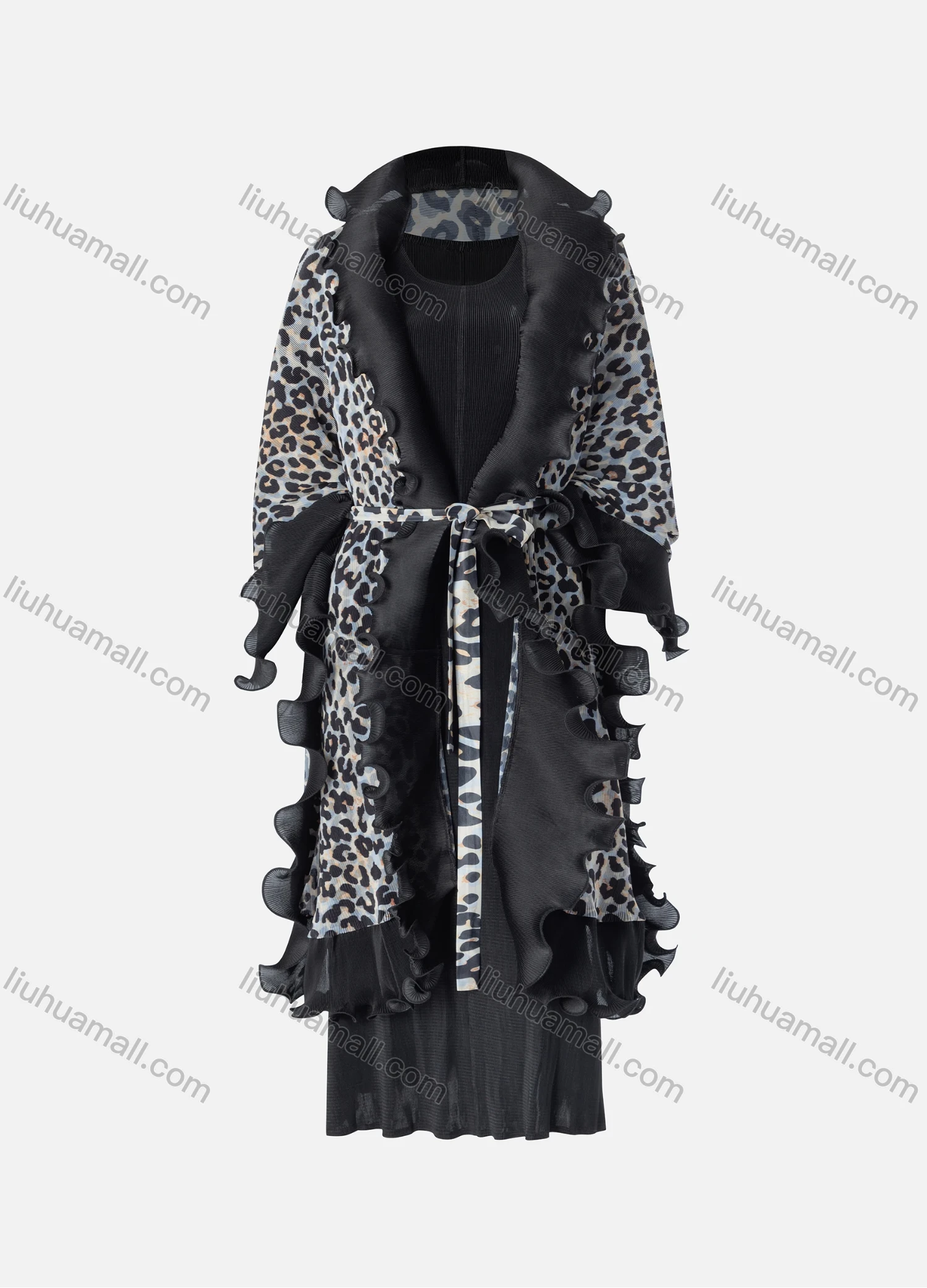 Wholesale Women's Fashion Maxi Dress & Ruffle Trim Belted Leopard Print Cardigan Set 1671# - Liuhuamall