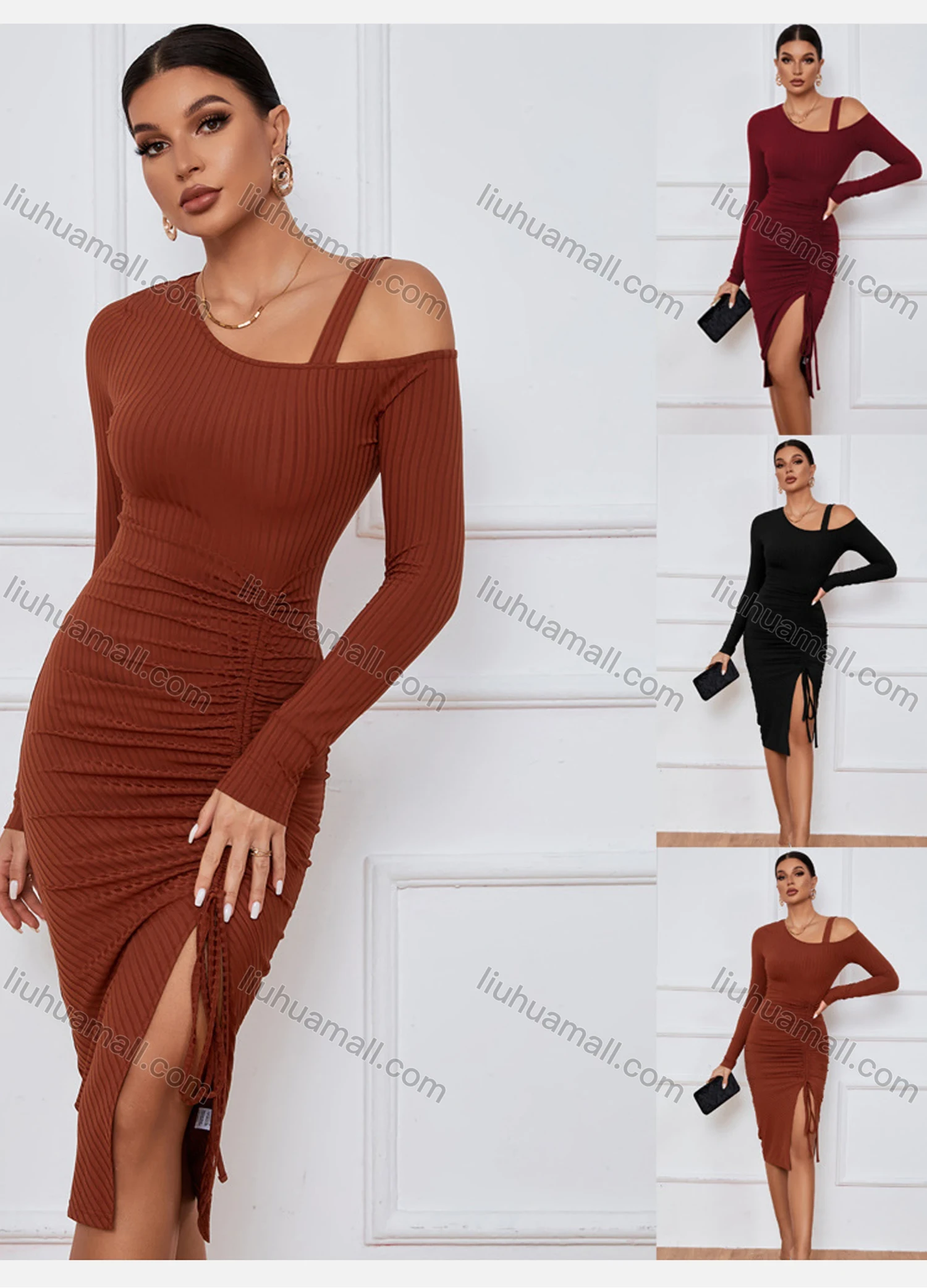 Wholesale Women's Elegant Asymmetrical Neck Long Sleeve Slit Thign Drawstring Midi Dress - Liuhuamall