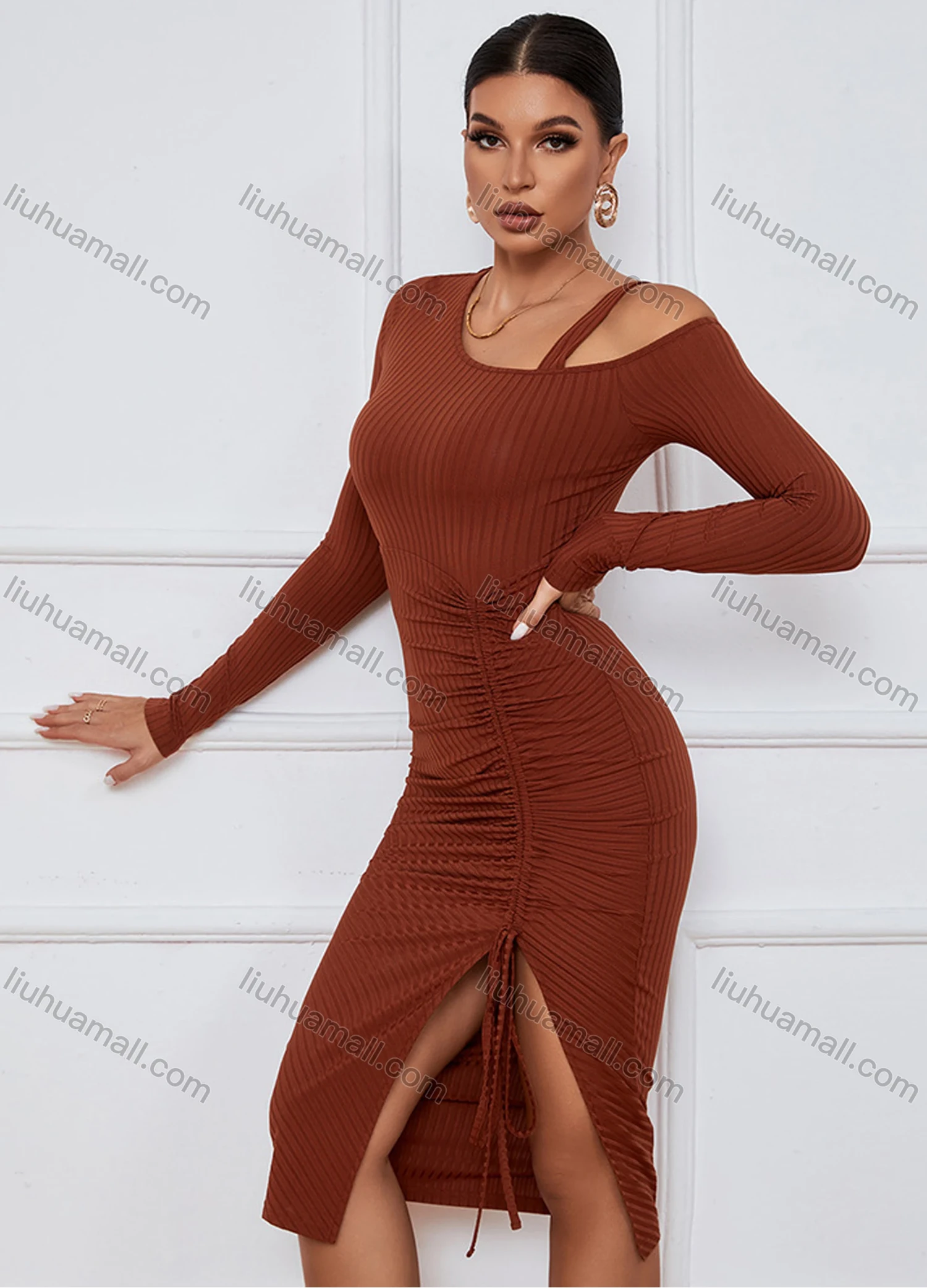 Wholesale Women's Elegant Asymmetrical Neck Long Sleeve Slit Thign Drawstring Midi Dress - Liuhuamall