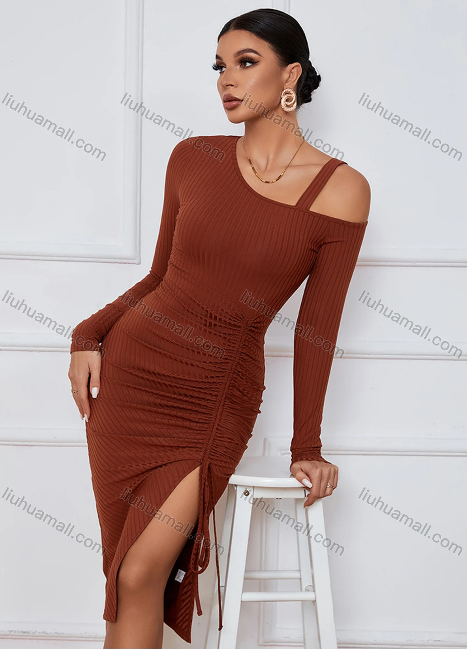 Wholesale Women's Elegant Asymmetrical Neck Long Sleeve Slit Thign Drawstring Midi Dress - Liuhuamall
