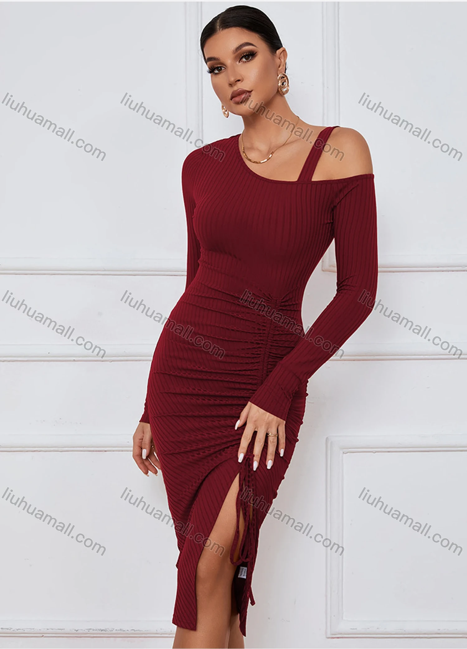 Wholesale Women's Elegant Asymmetrical Neck Long Sleeve Slit Thign Drawstring Midi Dress - Liuhuamall