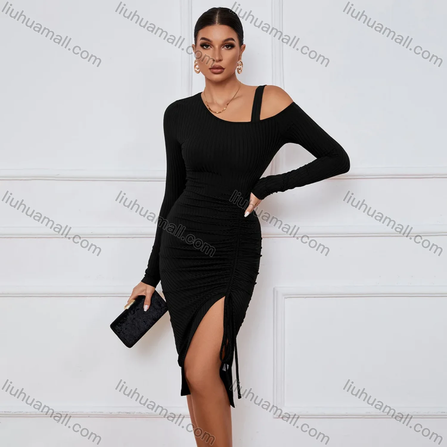 Wholesale Women's Elegant Asymmetrical Neck Long Sleeve Slit Thign Drawstring Midi Dress - Liuhuamall
