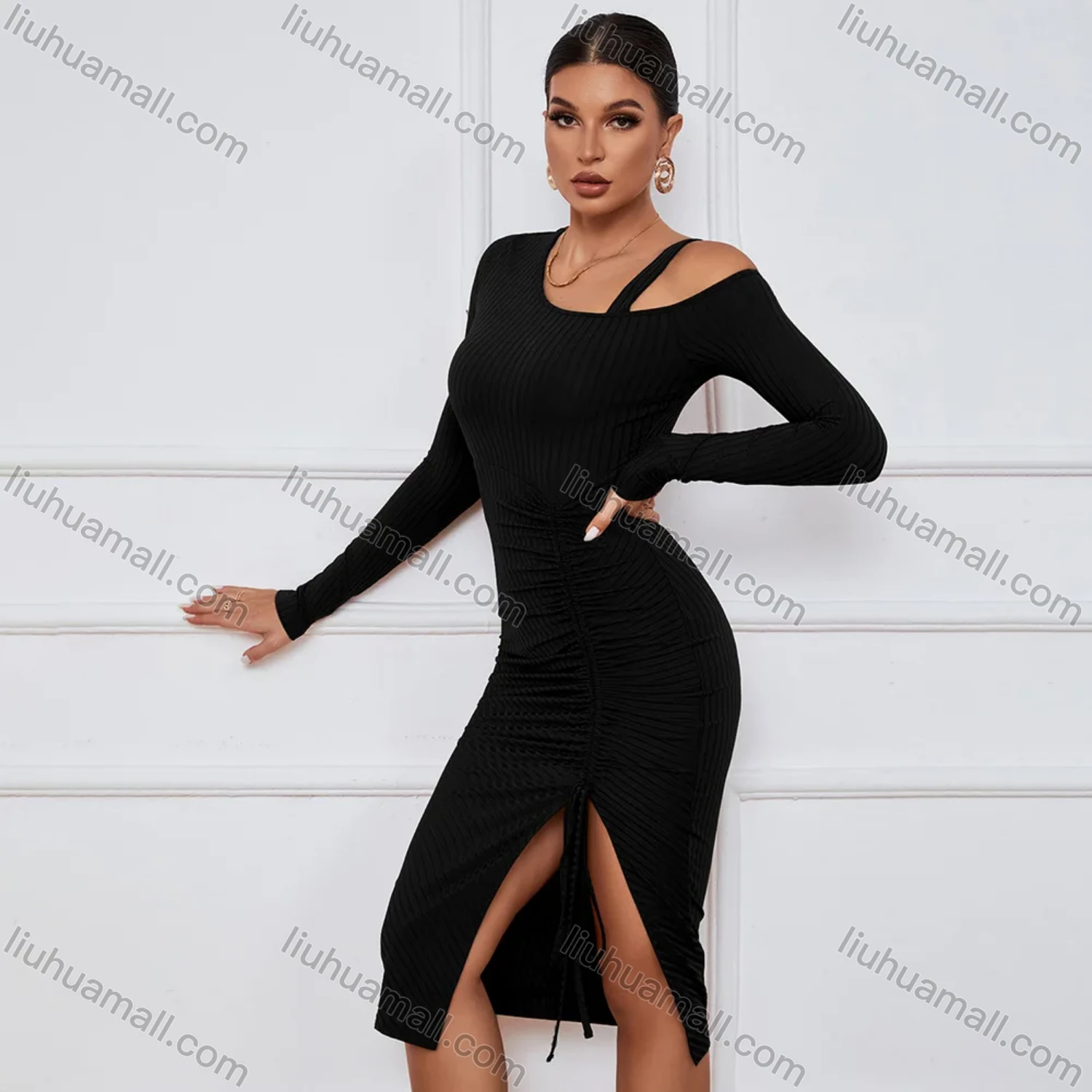 Wholesale Women's Elegant Asymmetrical Neck Long Sleeve Slit Thign Drawstring Midi Dress - Liuhuamall