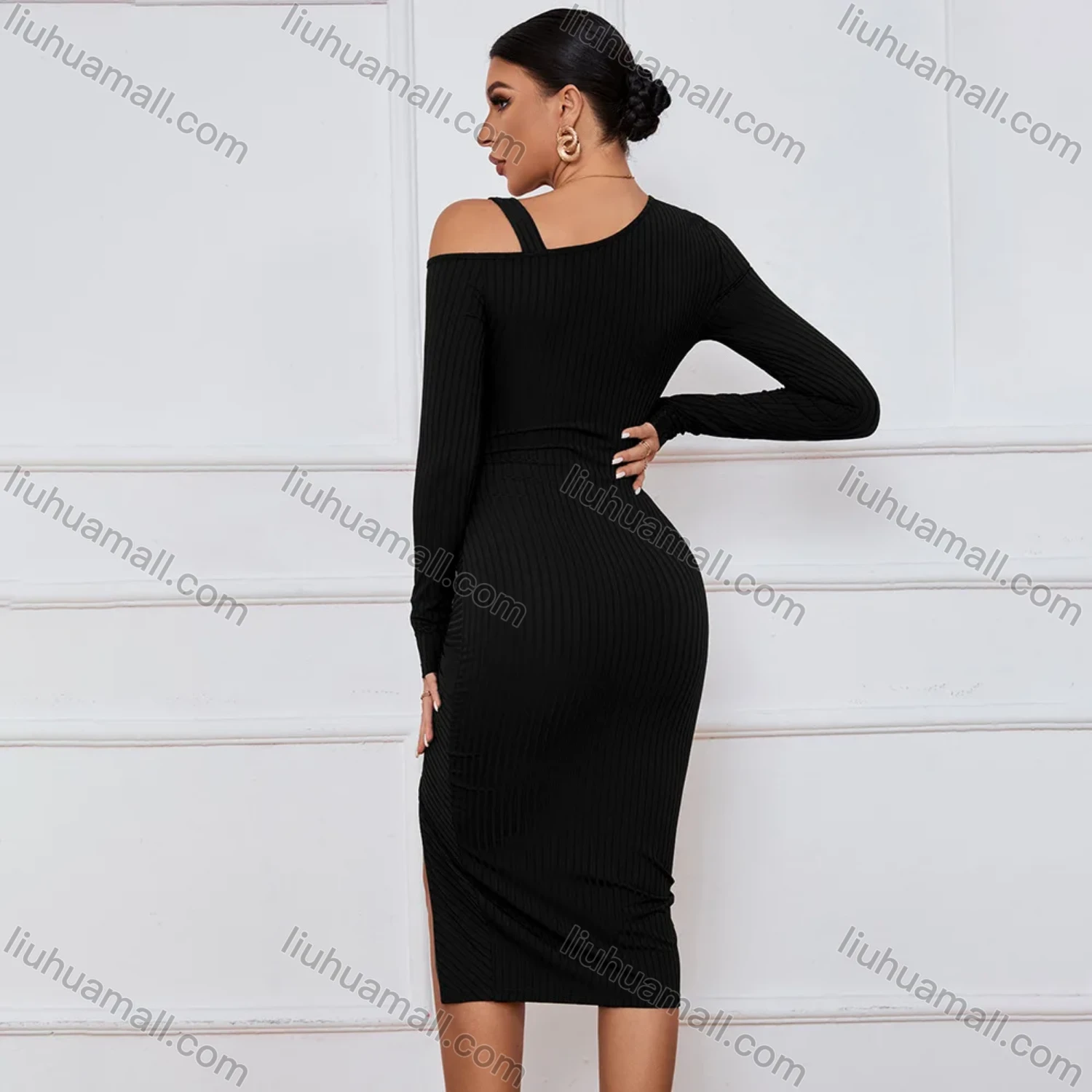 Wholesale Women's Elegant Asymmetrical Neck Long Sleeve Slit Thign Drawstring Midi Dress - Liuhuamall