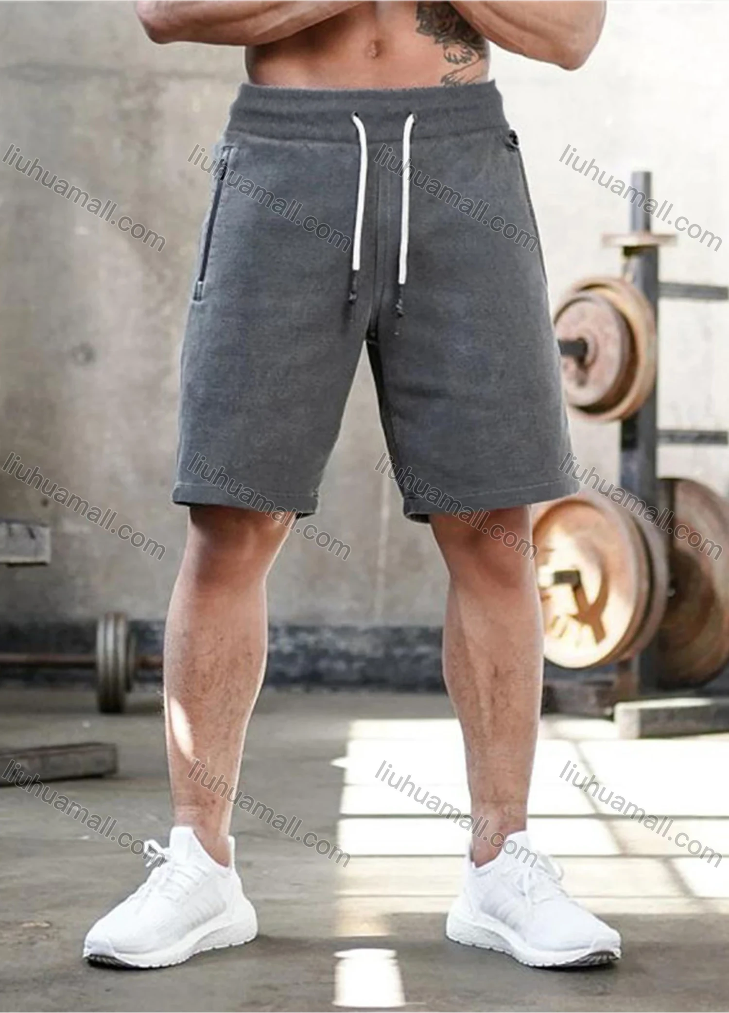 Wholesale Men's Sporty Plain Elastic Waist Zipper Pocket Shorts - Liuhuamall