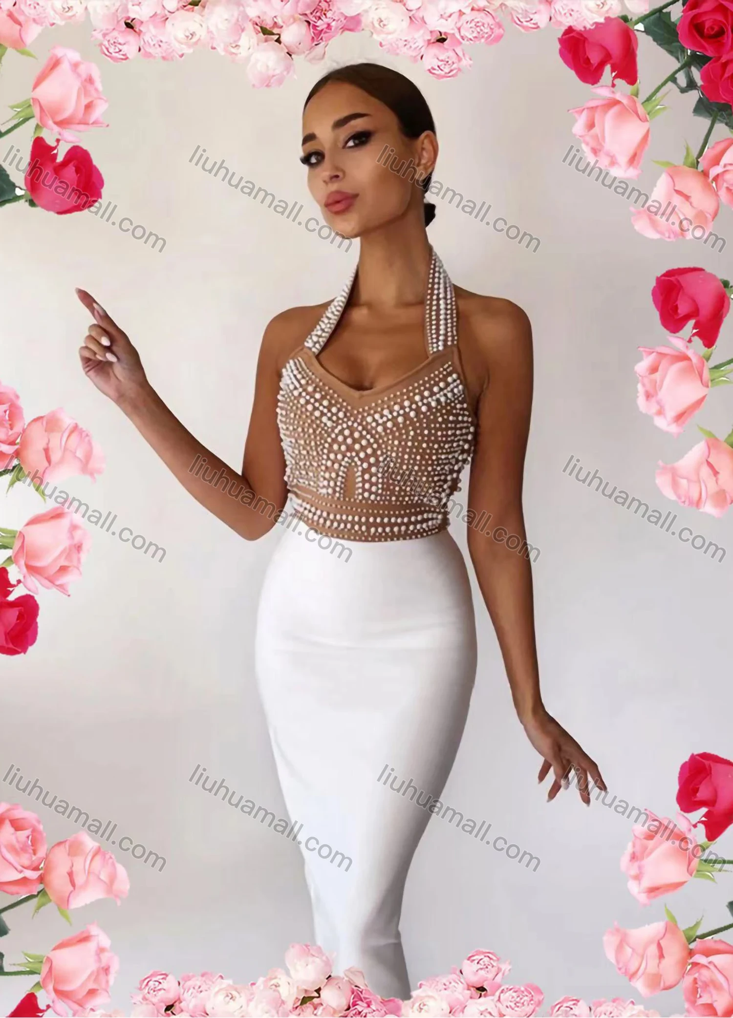 Wholesale Women's Sexy Halter Pearl Decor Bodycon Midi Dress - Liuhuamall