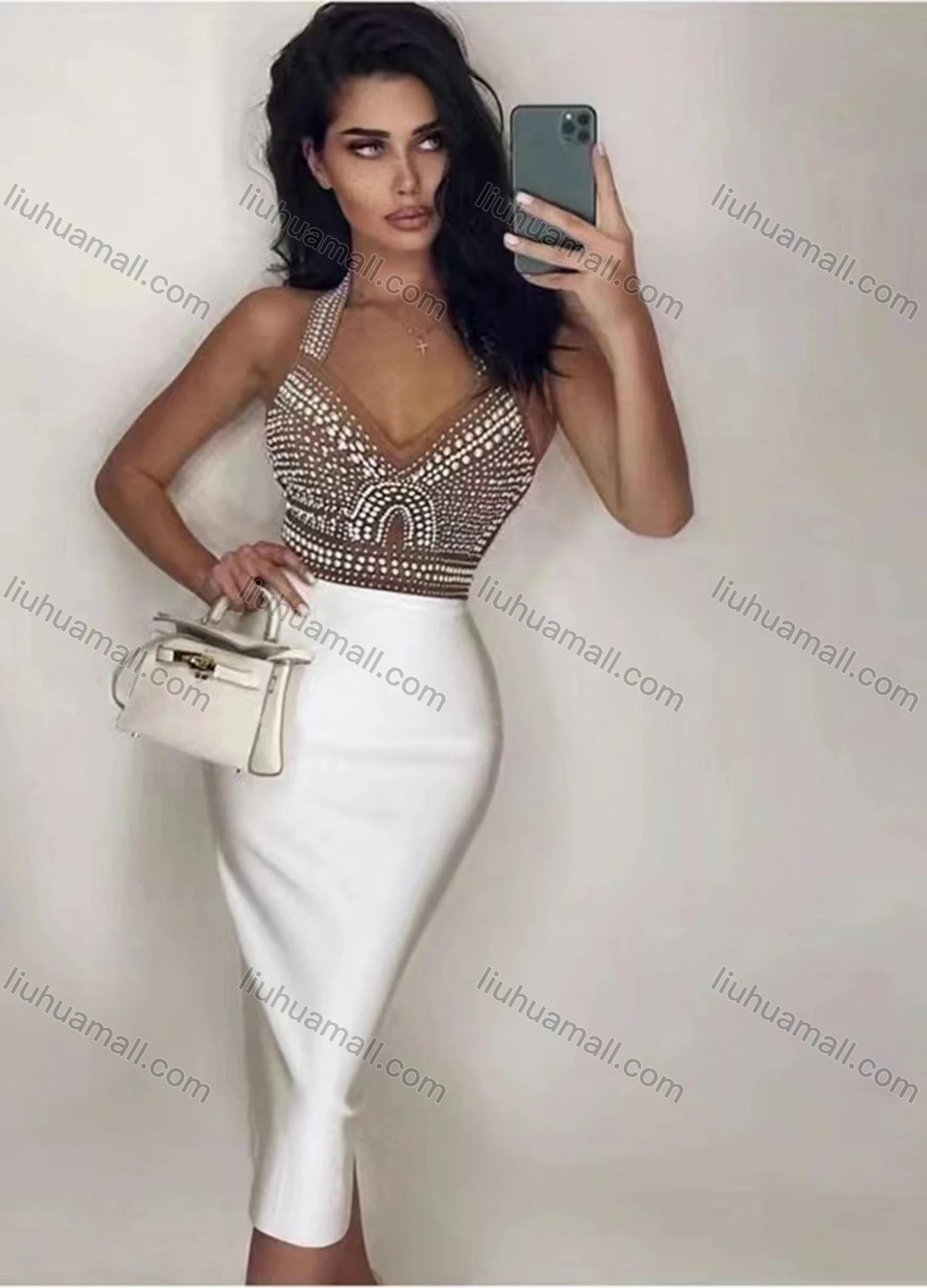 Wholesale Women's Sexy Halter Pearl Decor Bodycon Midi Dress - Liuhuamall