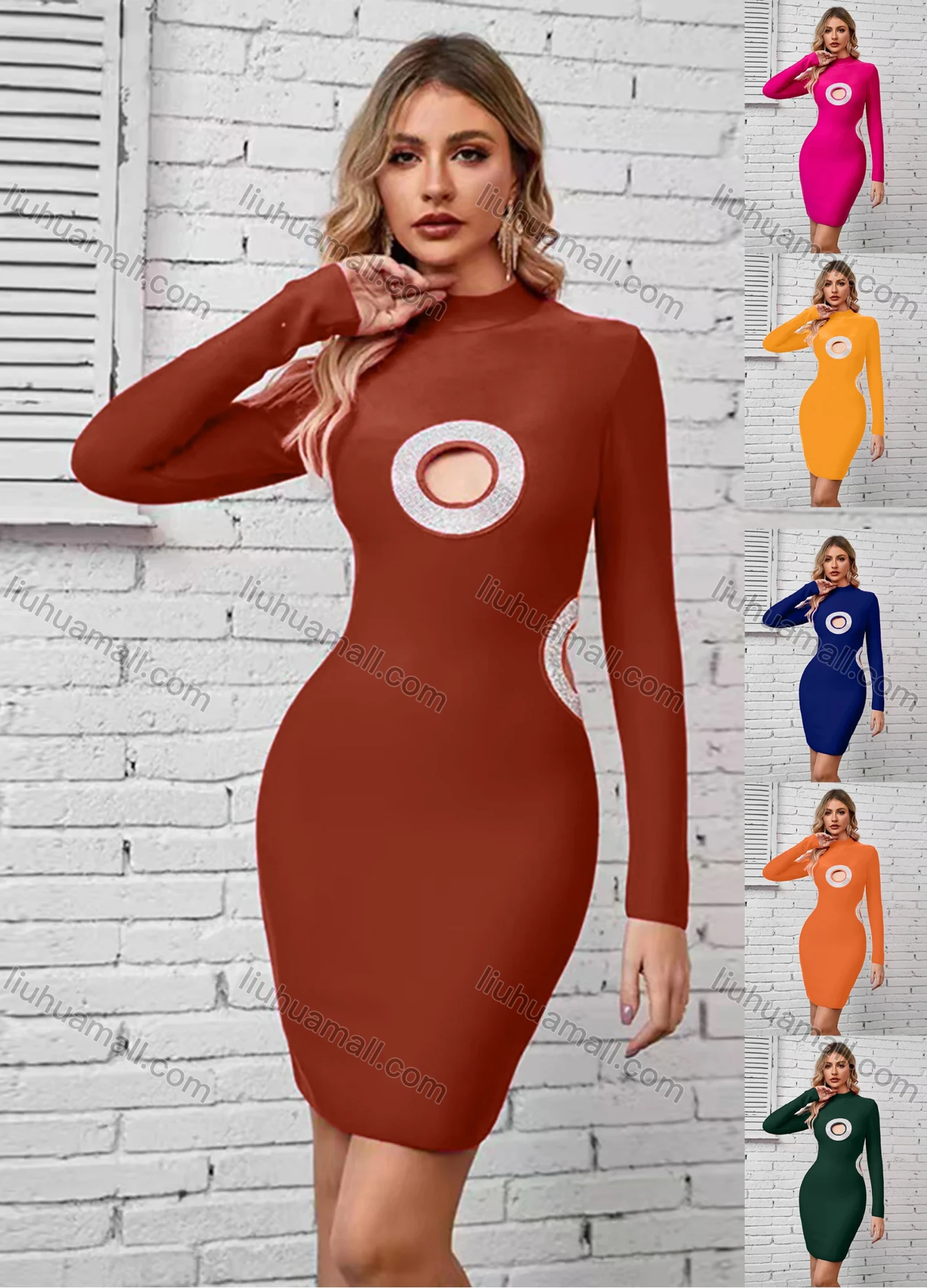 Wholesale Women's Fashion Mock Neck Pencil Hem Hollow Out Bodycon Short Dress - Liuhuamall