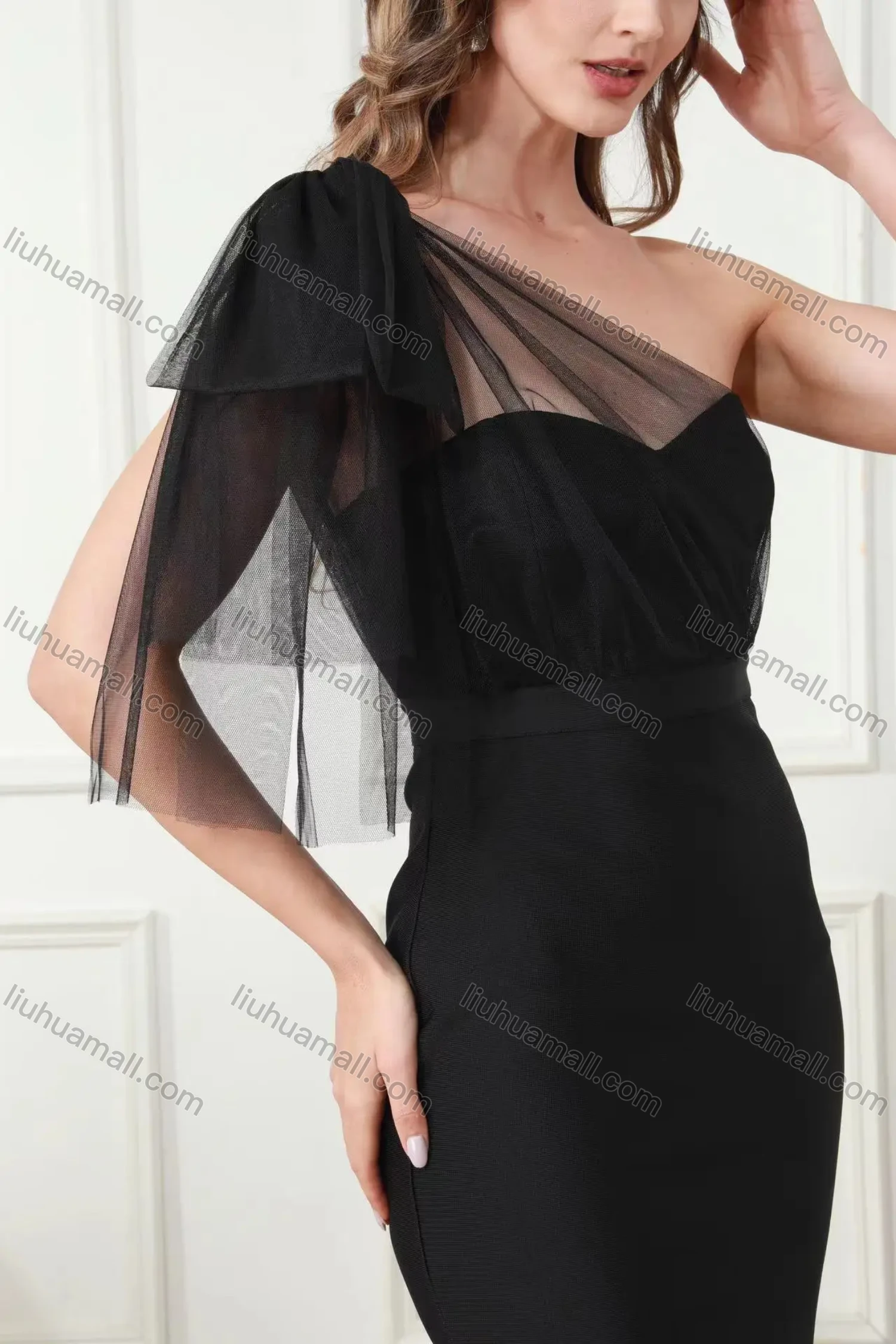 Wholesale Women's Elegant Plain One Shoulder Sleeveless Mesh Short Dress - Liuhuamall