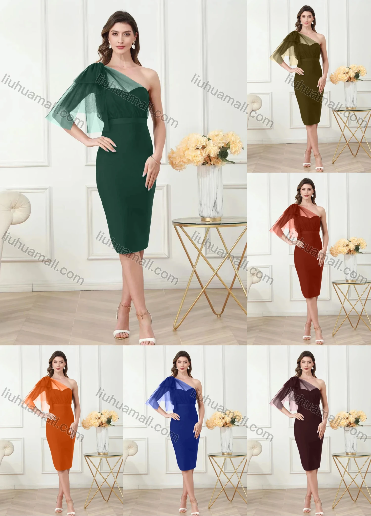 Wholesale Women's Elegant Plain One Shoulder Sleeveless Mesh Short Dress - Liuhuamall