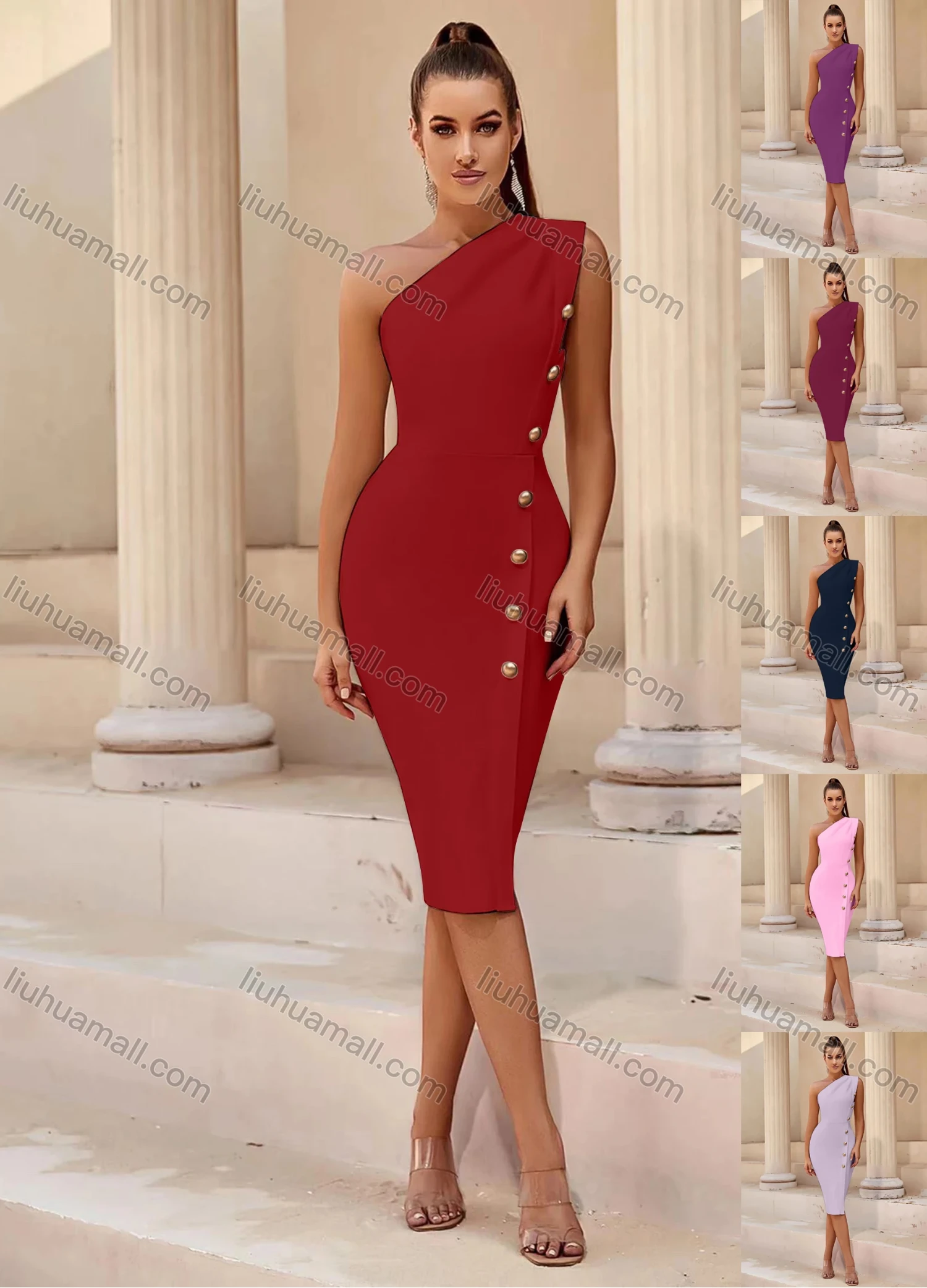 Wholesale Women's Elegant Plain Asymmetrical Neck Button Decor Bodycon Knee length Dress - Liuhuamall