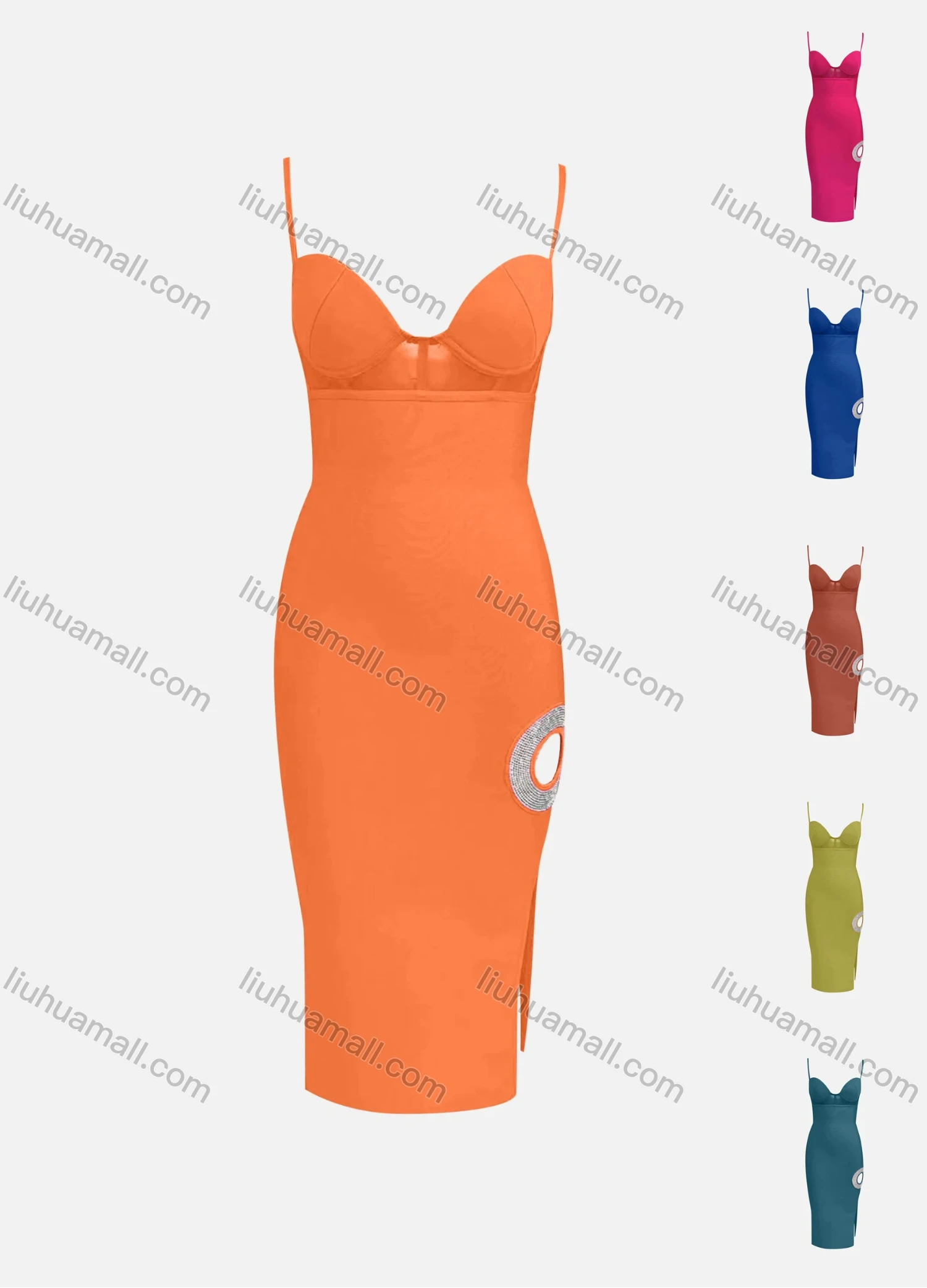 Wholesale Women's Elegant Spaghetti Strap Side Slit Hollow Out Sequin Midi Cami Dress - Liuhuamall